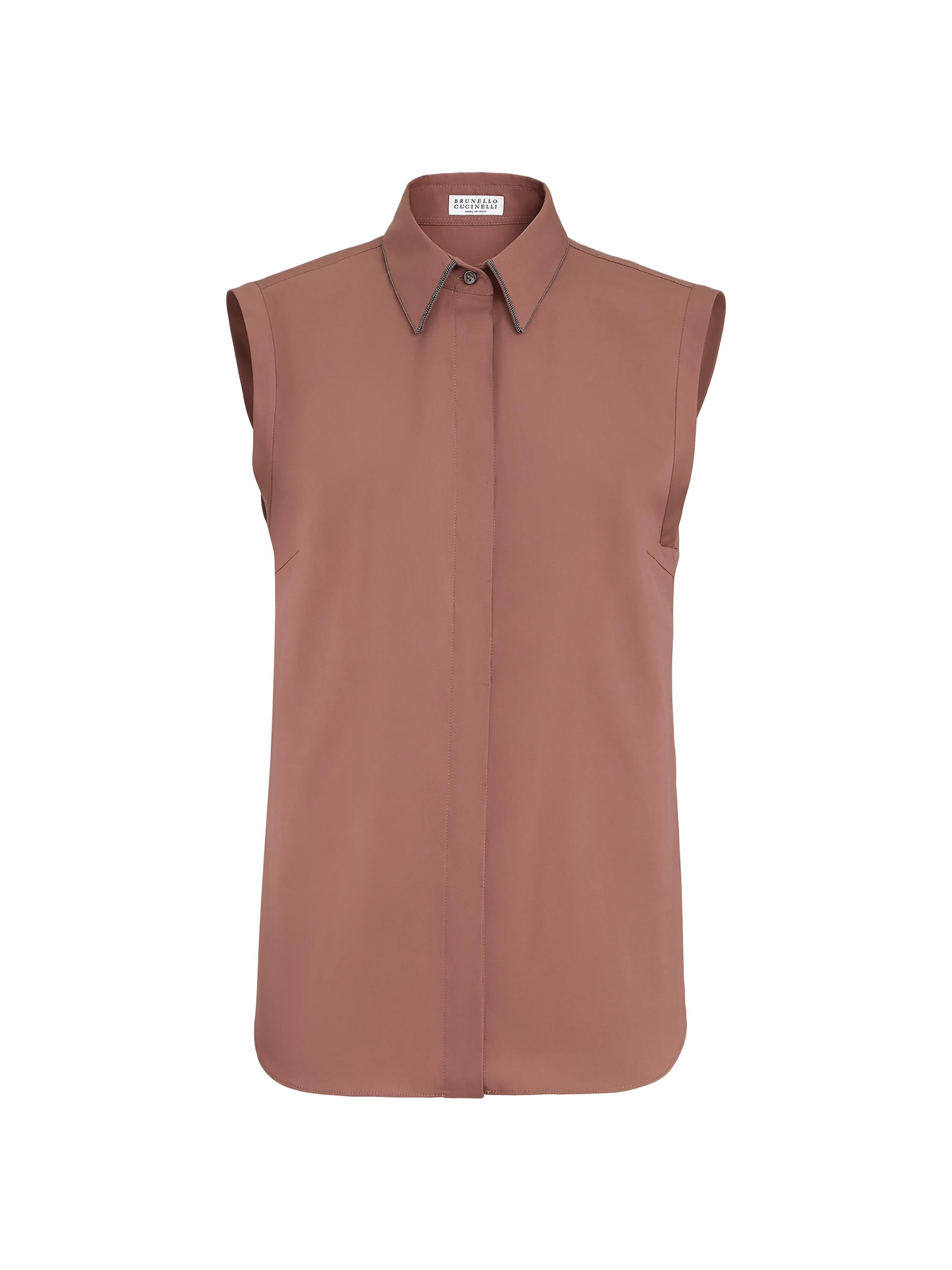 Brunello Cucinelli Women's Stretch Cotton Poplin Sleeveless Shirt with Shiny Trim - Brown