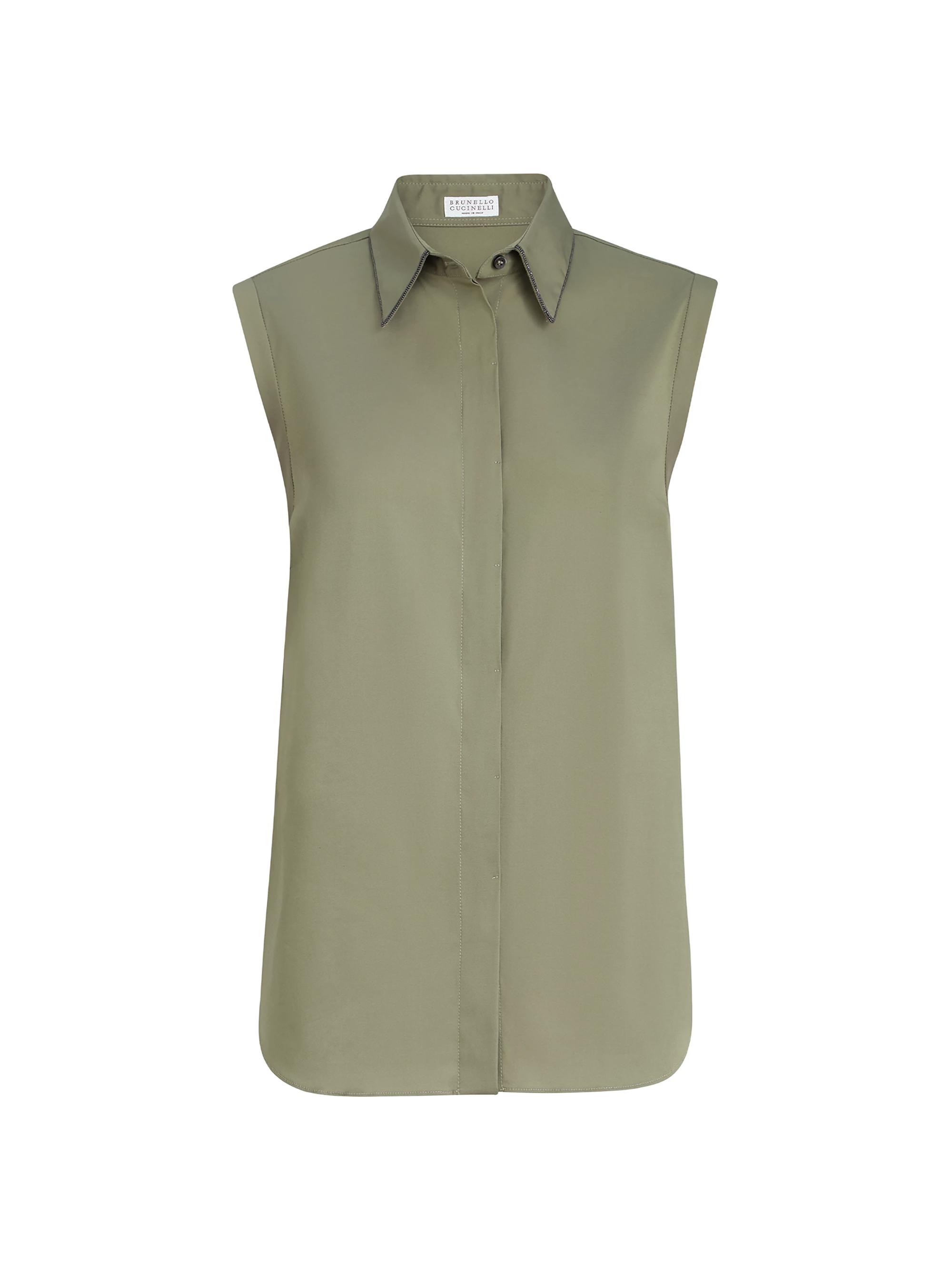 Brunello Cucinelli Women's Stretch Cotton Poplin Sleeveless Shirt with Shiny Trim - Green | Thumbnail 7
