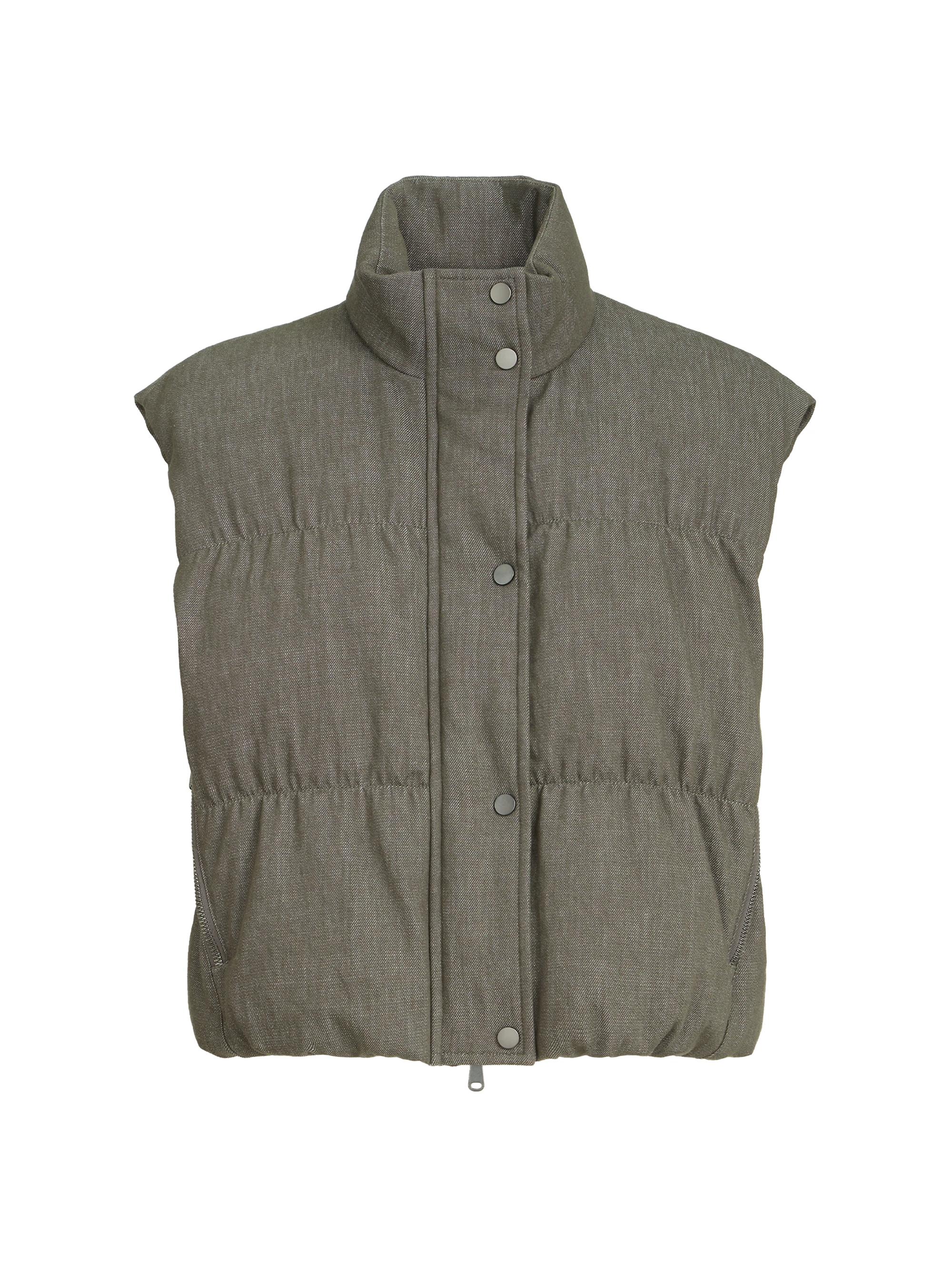 Brunello Cucinelli Women's Cotton Denim Effect Twill Down Vest with Monili - Olive
