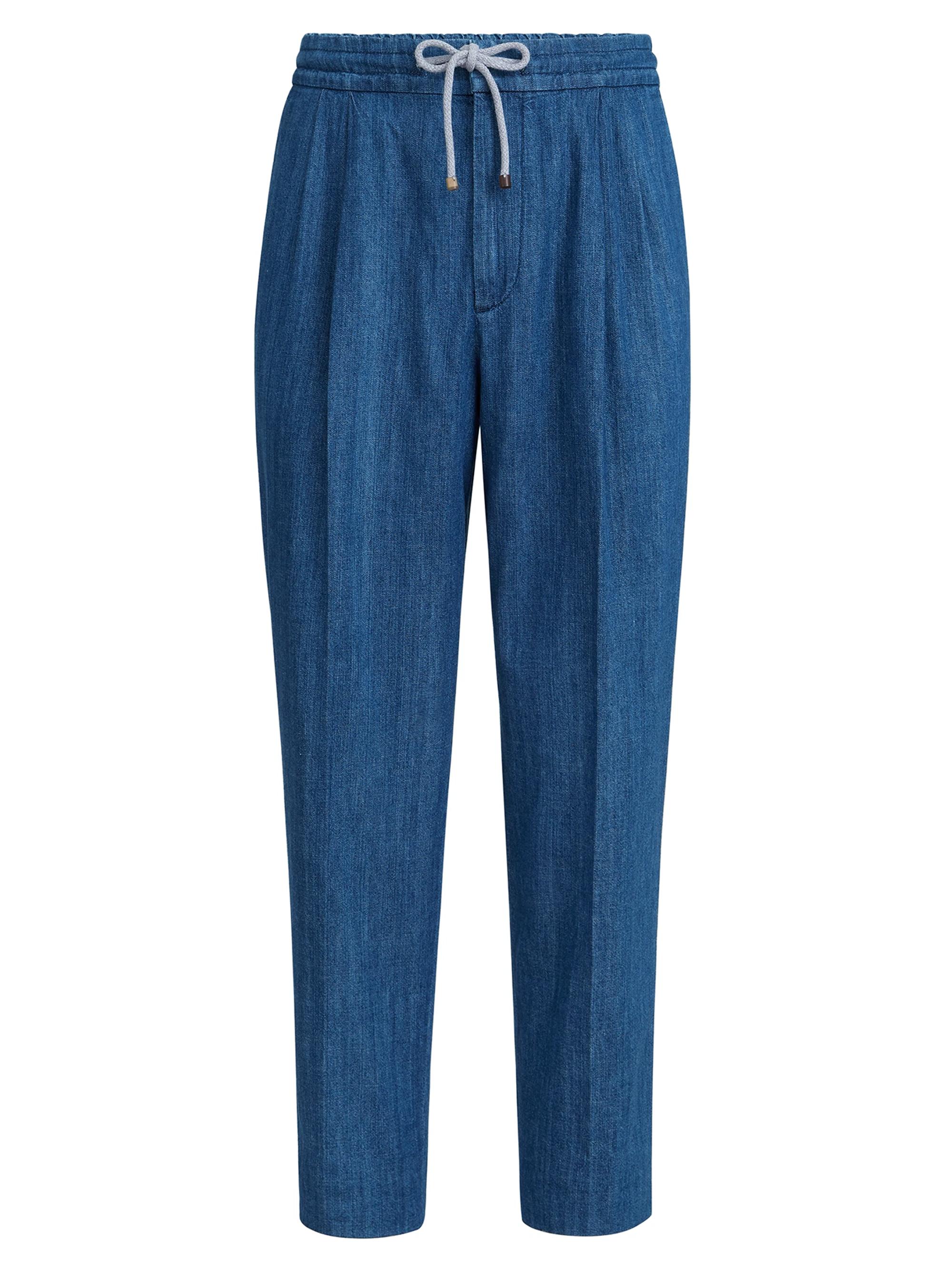 Brunello Cucinelli Men's Lightweight Denim Trousers with Drawstring and Double Pleats - Medium Denim