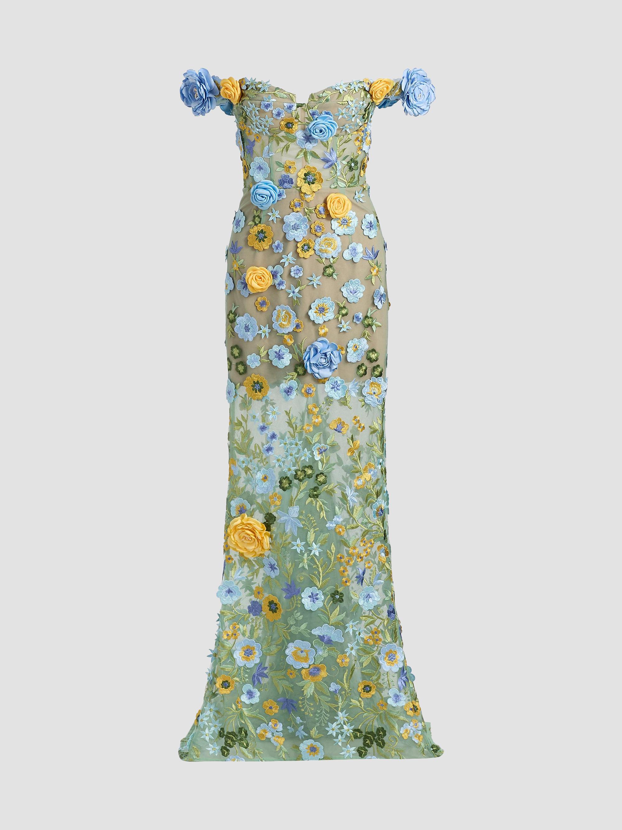 bronx and banco blue floral dress Women's Portofino Applique Off-The-Shoulder Gown - Multi Chic Maternity Bodycon Dress, NPU-Xena-202308 Color:Royal/Multi neckline and hem
