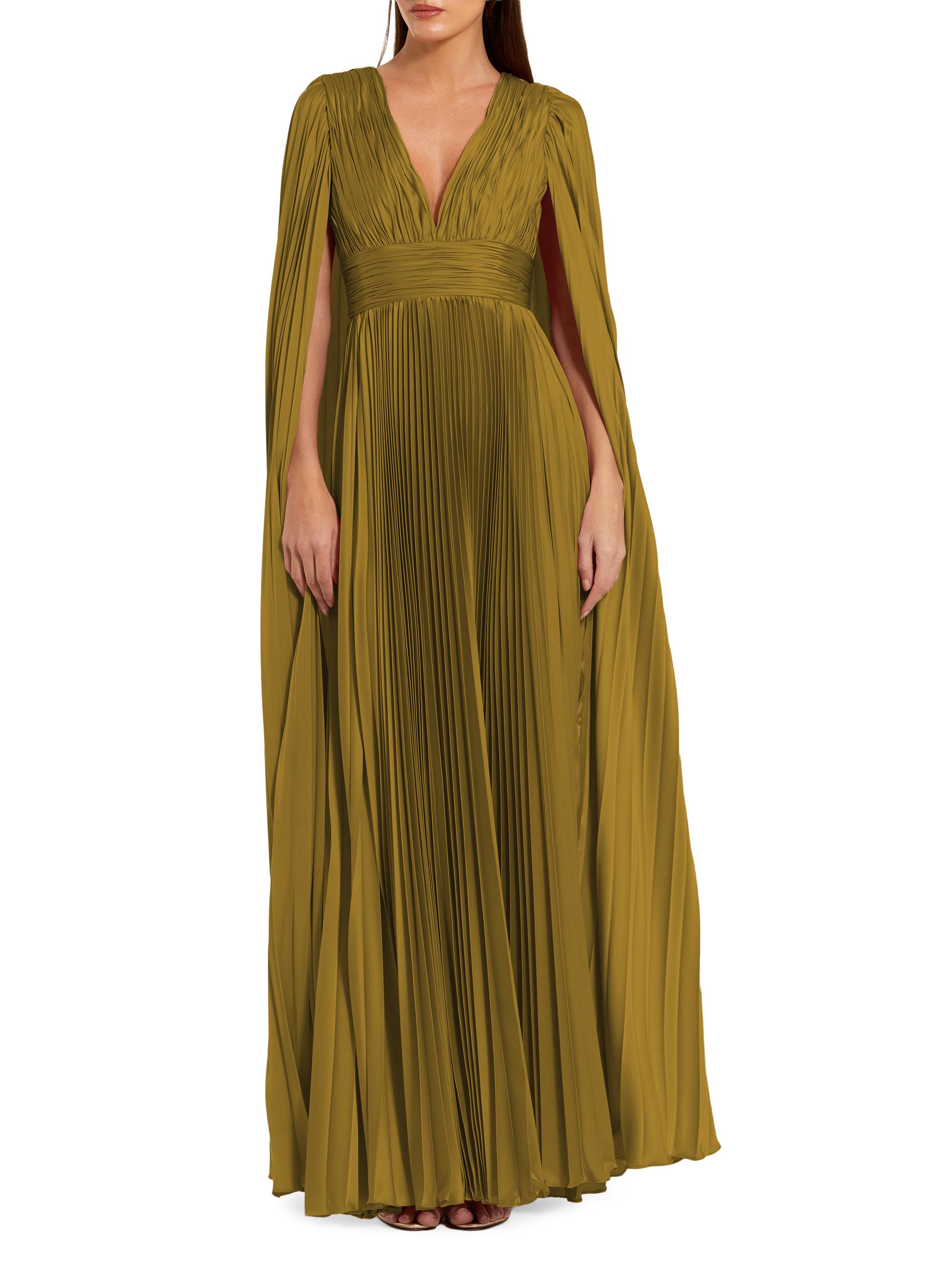 Mac Duggal Women's Petite Ieena 1 Pleated Satin A-Line Cape Gown - Chartreuse Petite 14