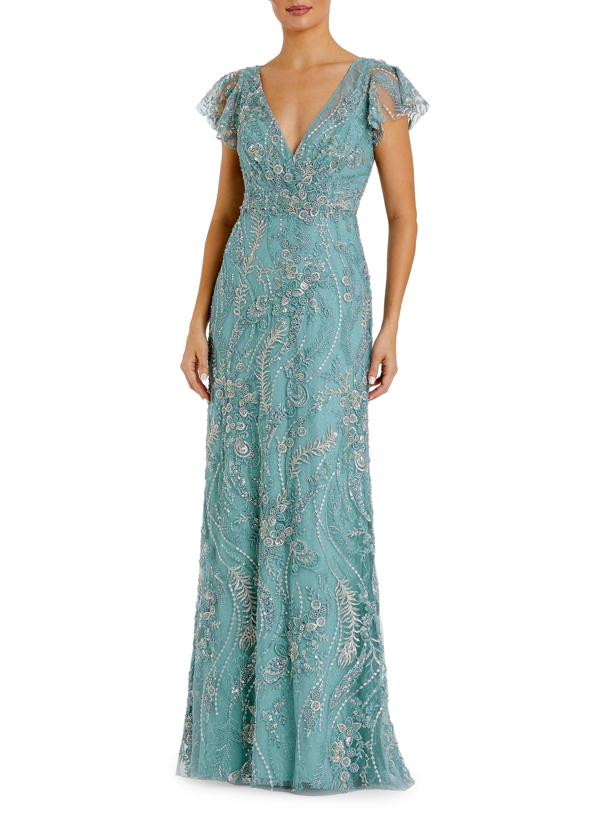 Mac Duggal Women's Petite Evening Floral Embroidered A-Line Gown - Seafoam Petite 14