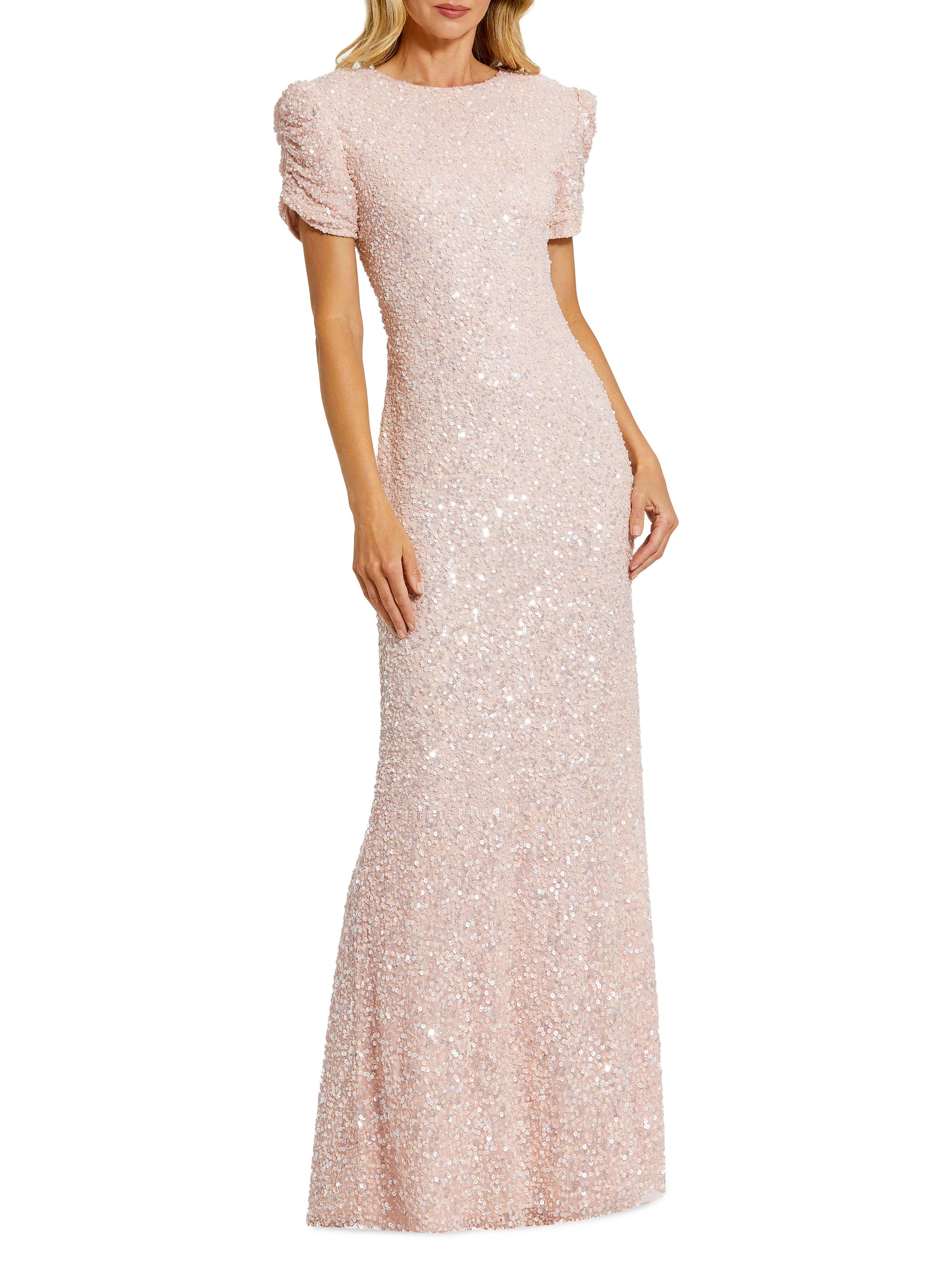 Mac Duggal Women's Petite Beaded Mesh Column Short-Sleeve Gown - Blush Petite 12