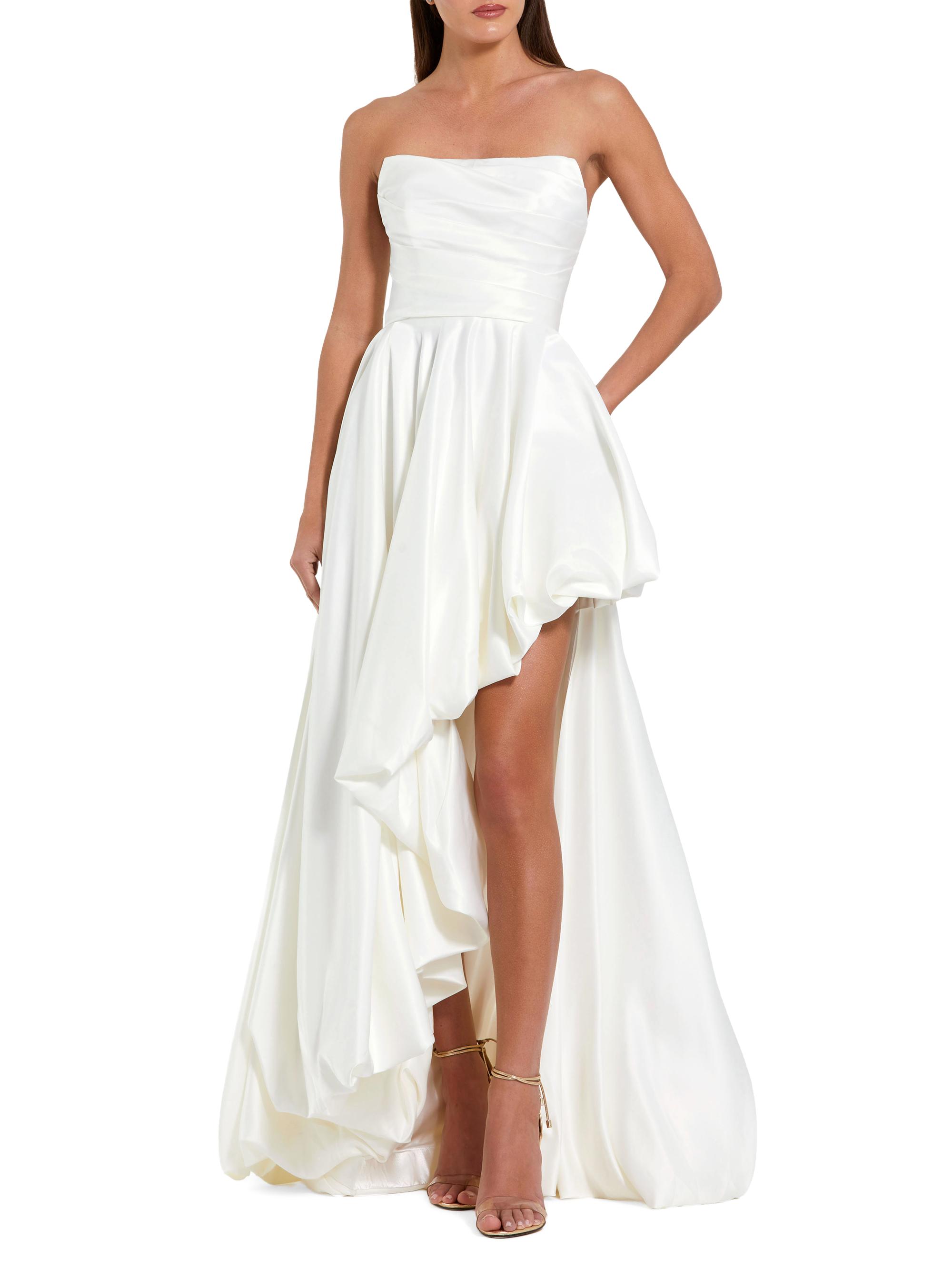 Mac Duggal Women's Petite High-Low Bubble Hem Satin Gown - White Petite 10