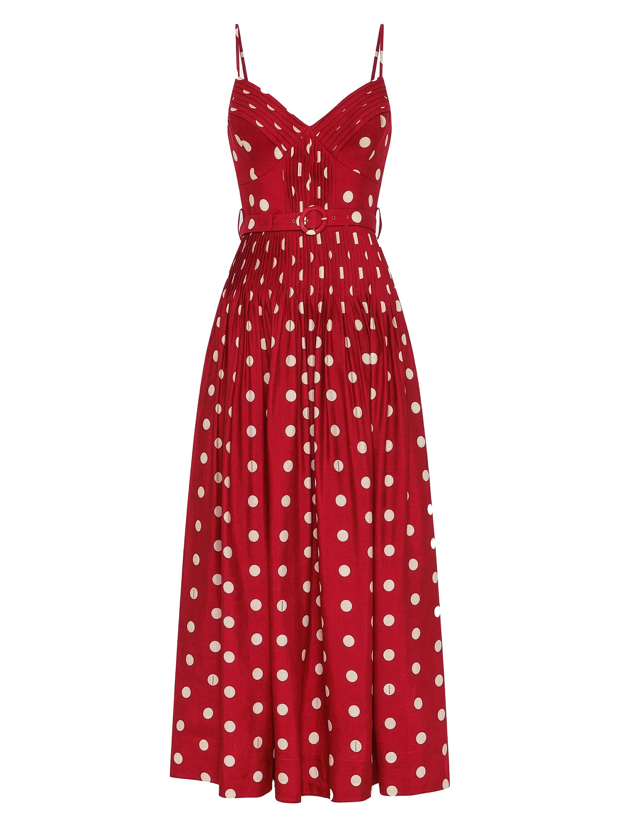 Nicholas the Label Women's Mireille Belted Polka Dot Linen-Blend Midi-Dress - Crimson Polka Dot