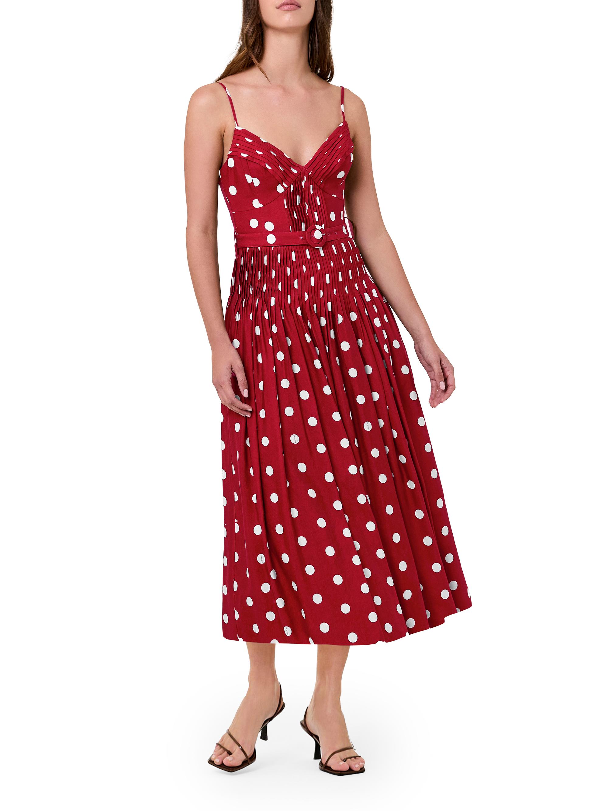 nicholas mireille belted pintuck midi dress Nicholas the Label Women's Mireille Belted Polka Dot Linen-Blend Midi-Dress - Crimson Polka Dot