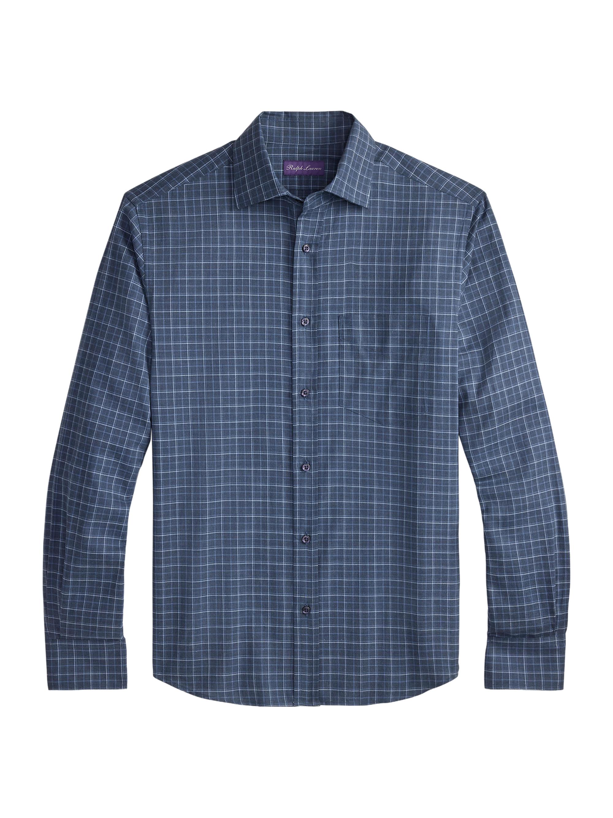 Ralph Lauren Purple Label Men's Aston Brushed Cotton Tattersall Plaid Button-Front Shirt - Blue Melange Tattersall