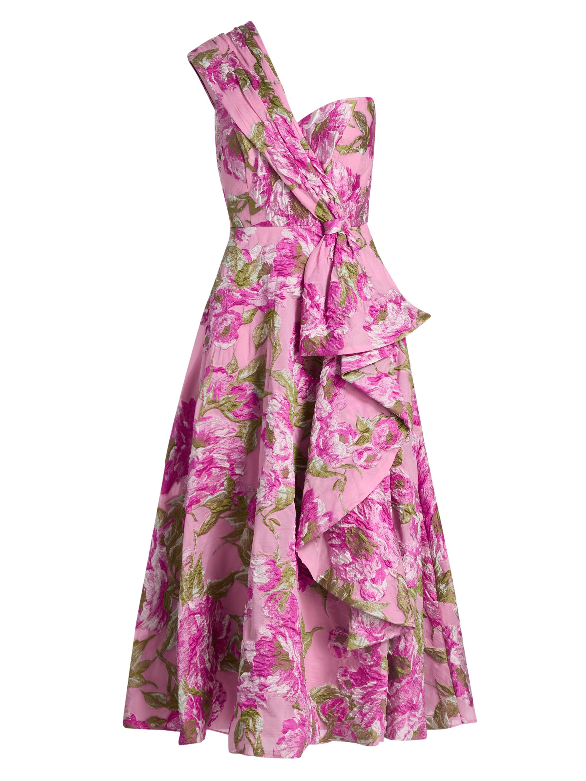 Theia Women's Zanthe Brocade Ruffle Tea-Length Dress - Opera Mauve Meadow Green