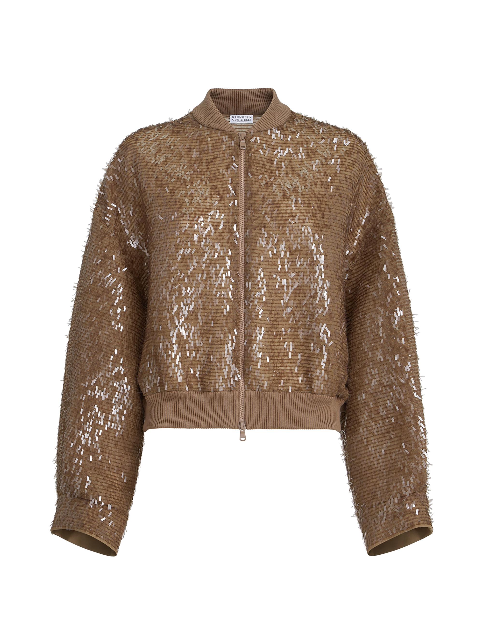 Brunello Cucinelli Women's Dazzling Cascade Embroidery Bomber Jacket in Crispy Silk - Beige