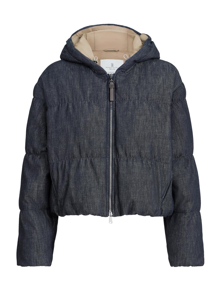 Brunello Cucinelli Cotton Denim Effect Twill Down Coat with Monili