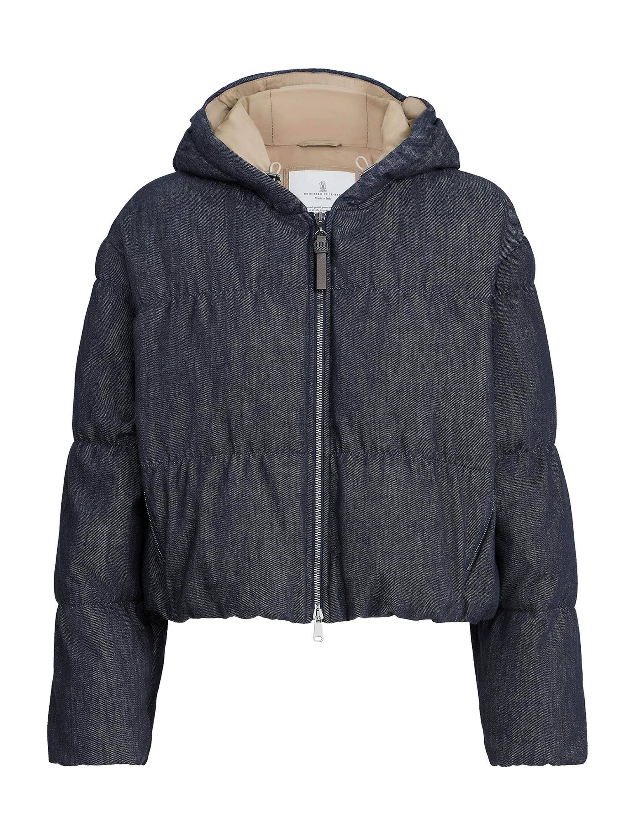 Brunello Cucinelli Women's Cotton Denim Effect Twill Down Coat with Monili - Denim