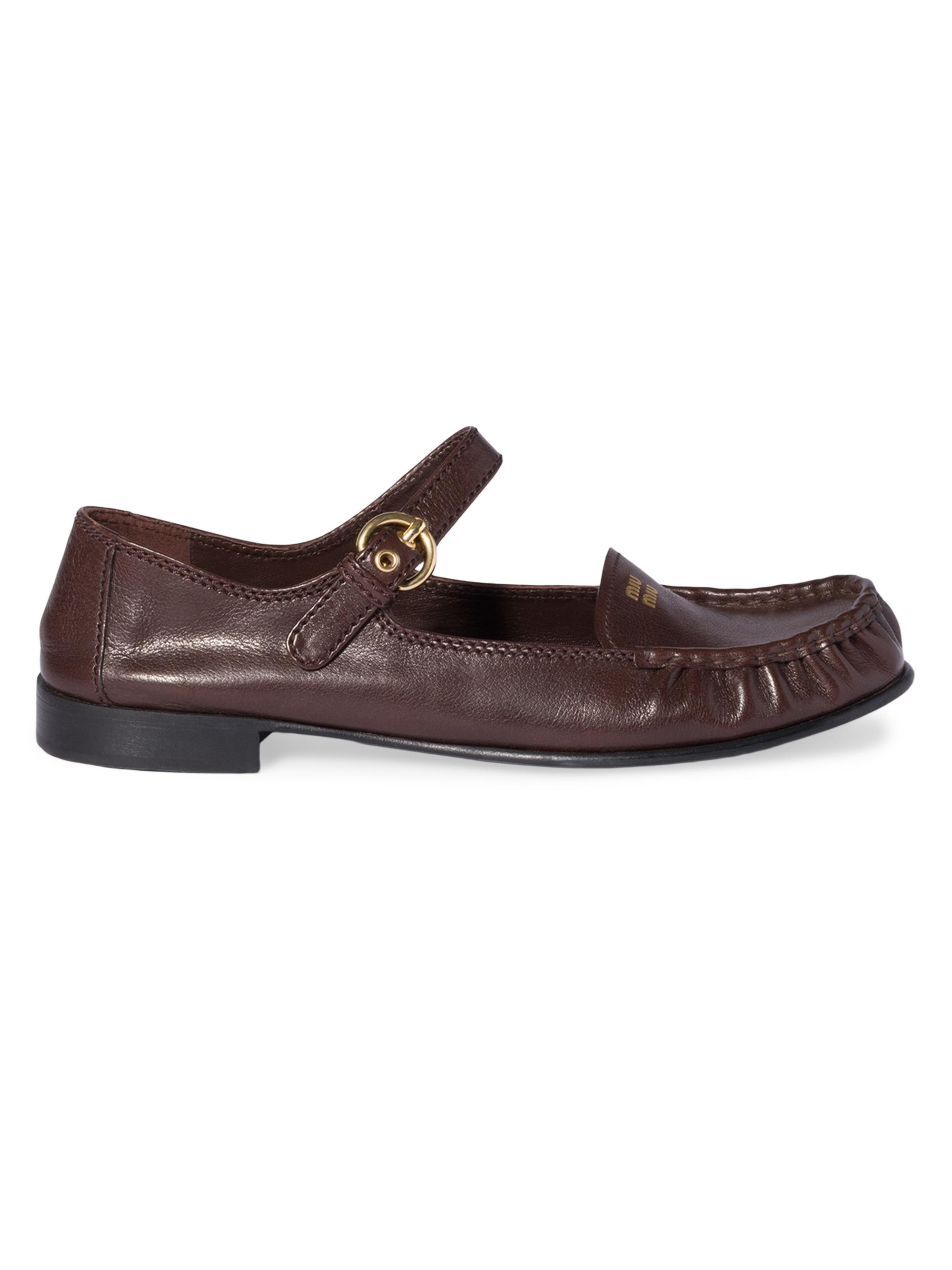 Miu Miu Women's Leather Loafers with Strap - Brown