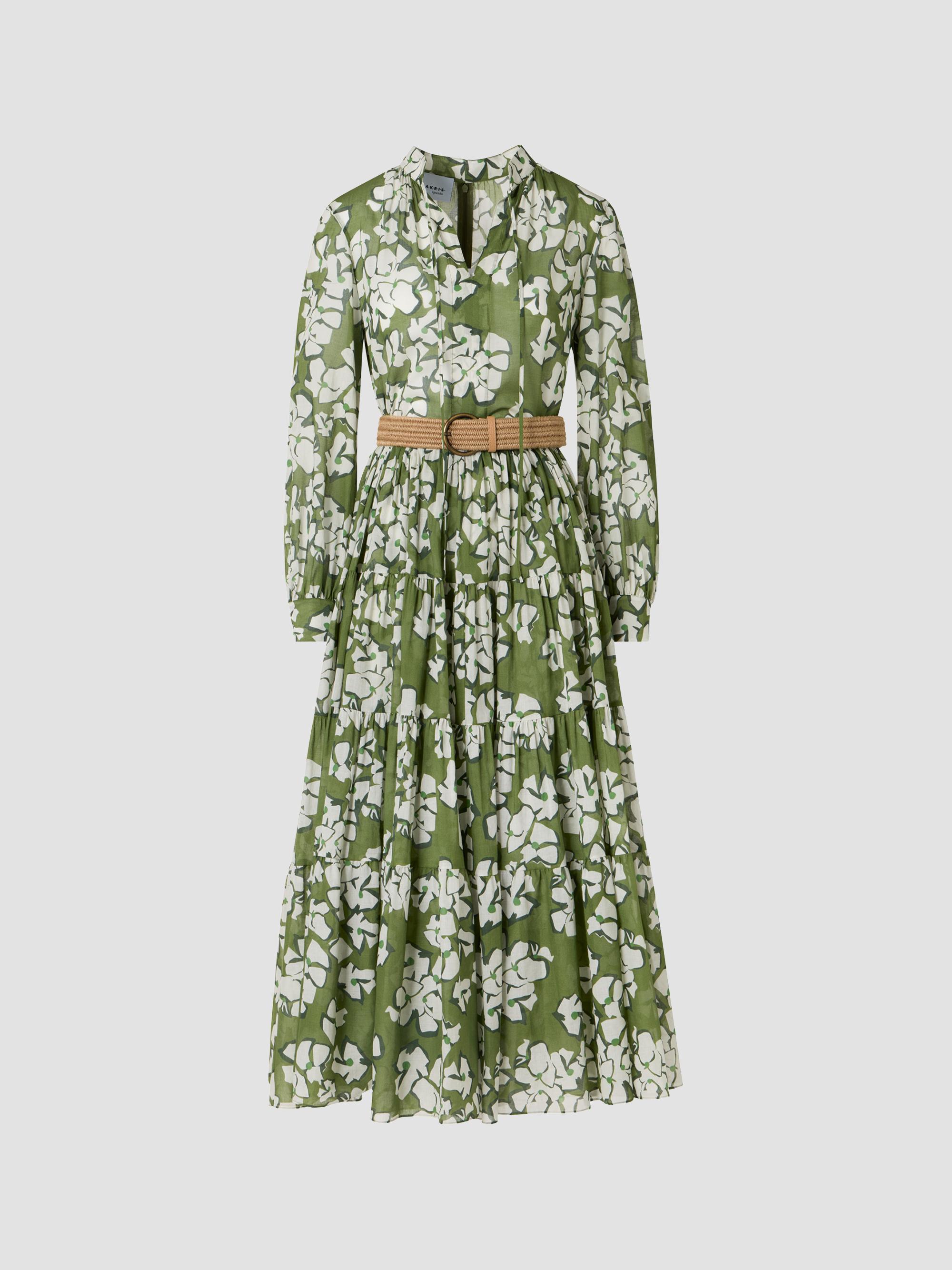 Akris punto Women's Floral Cotton Belted Midi Dress - Green Tea Cream Olive