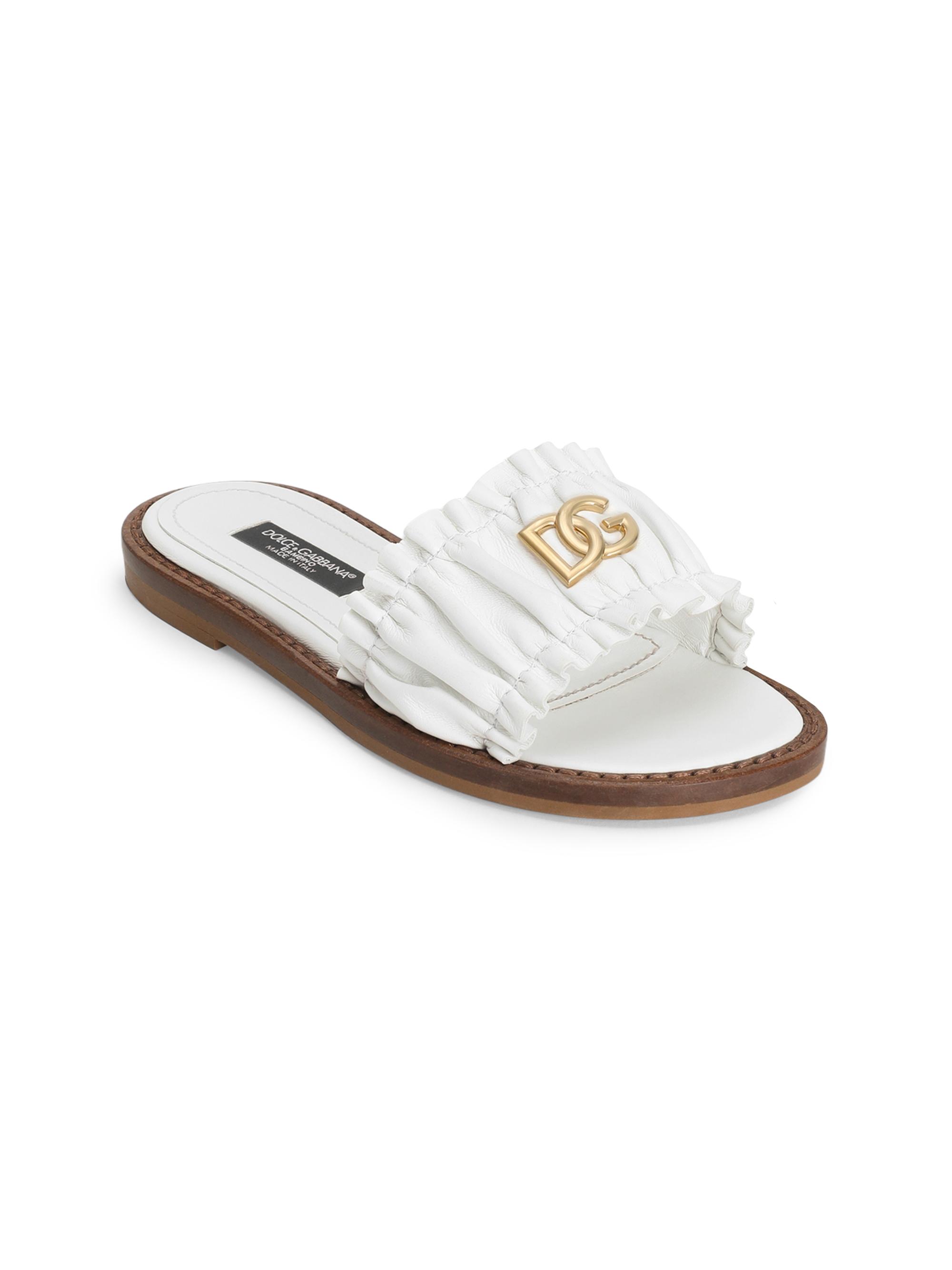 Dolce & Gabbana Girl's Logo Leather Slides - Bianco 2 (Child) | Thumbnail 5