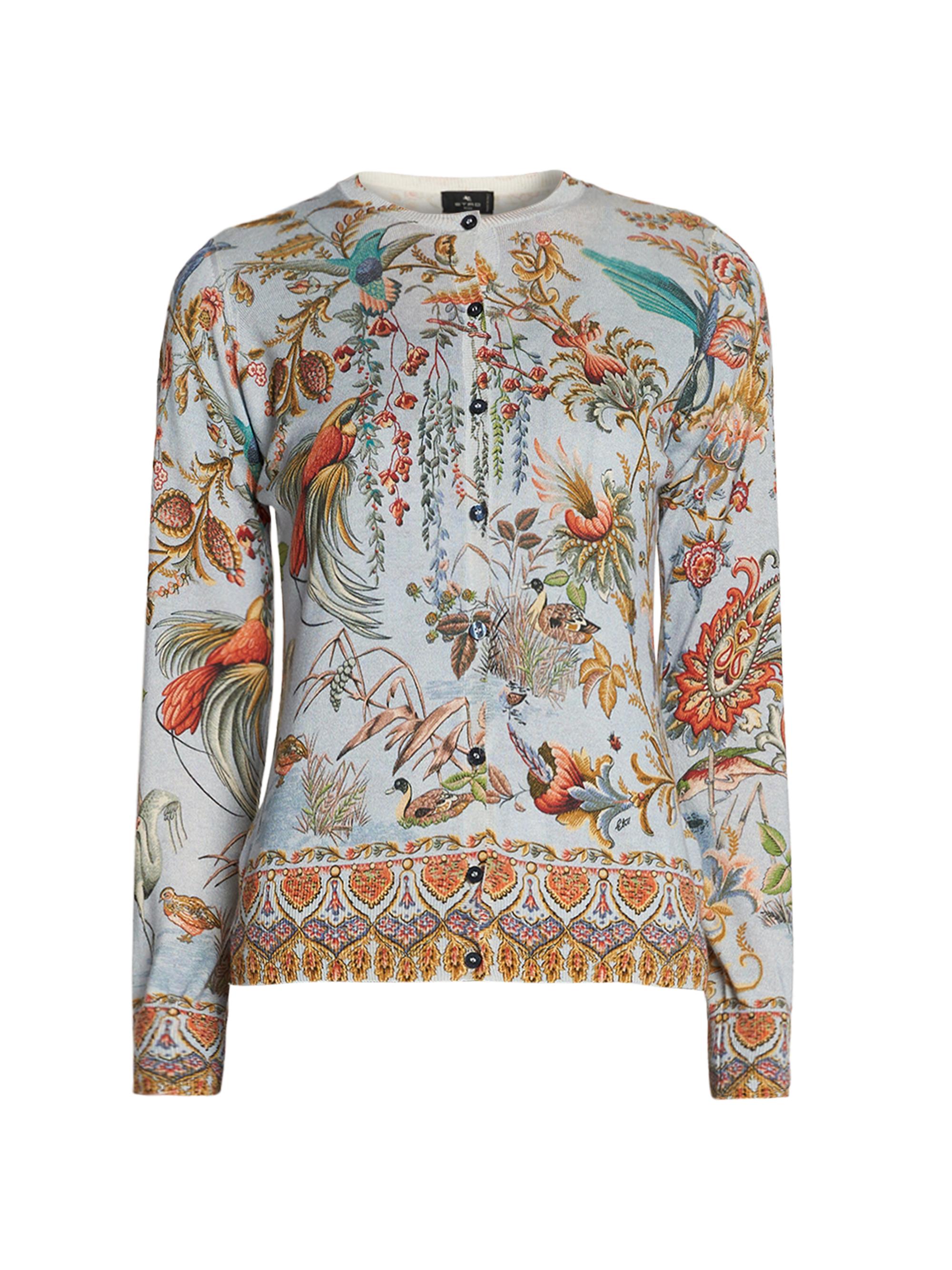 Etro Women's Avian Paisley Silk Slim-Fit Cardigan - Multicolor Azzurro
