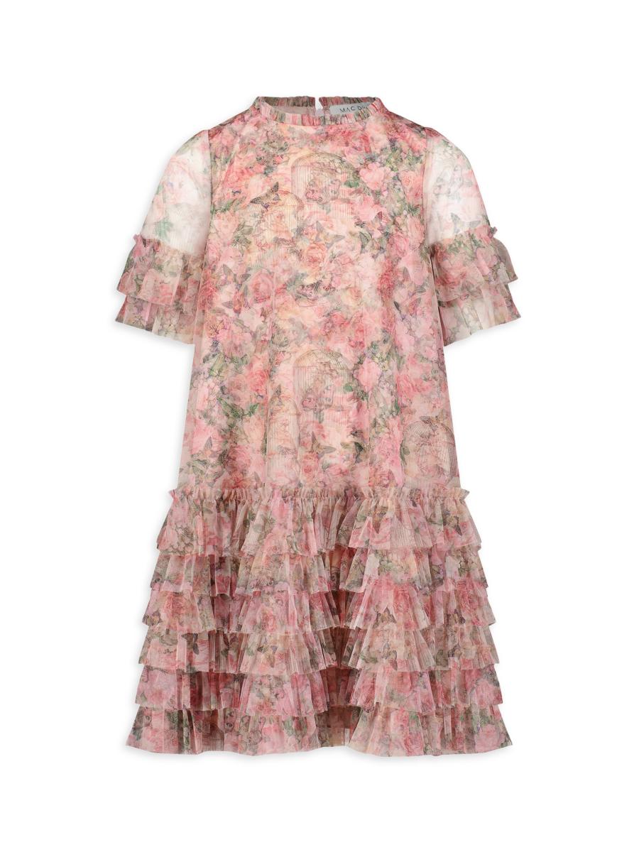 Mac Duggal Little Girl's & Girl's Floral Mesh Short-sleeve Dress In Neutral