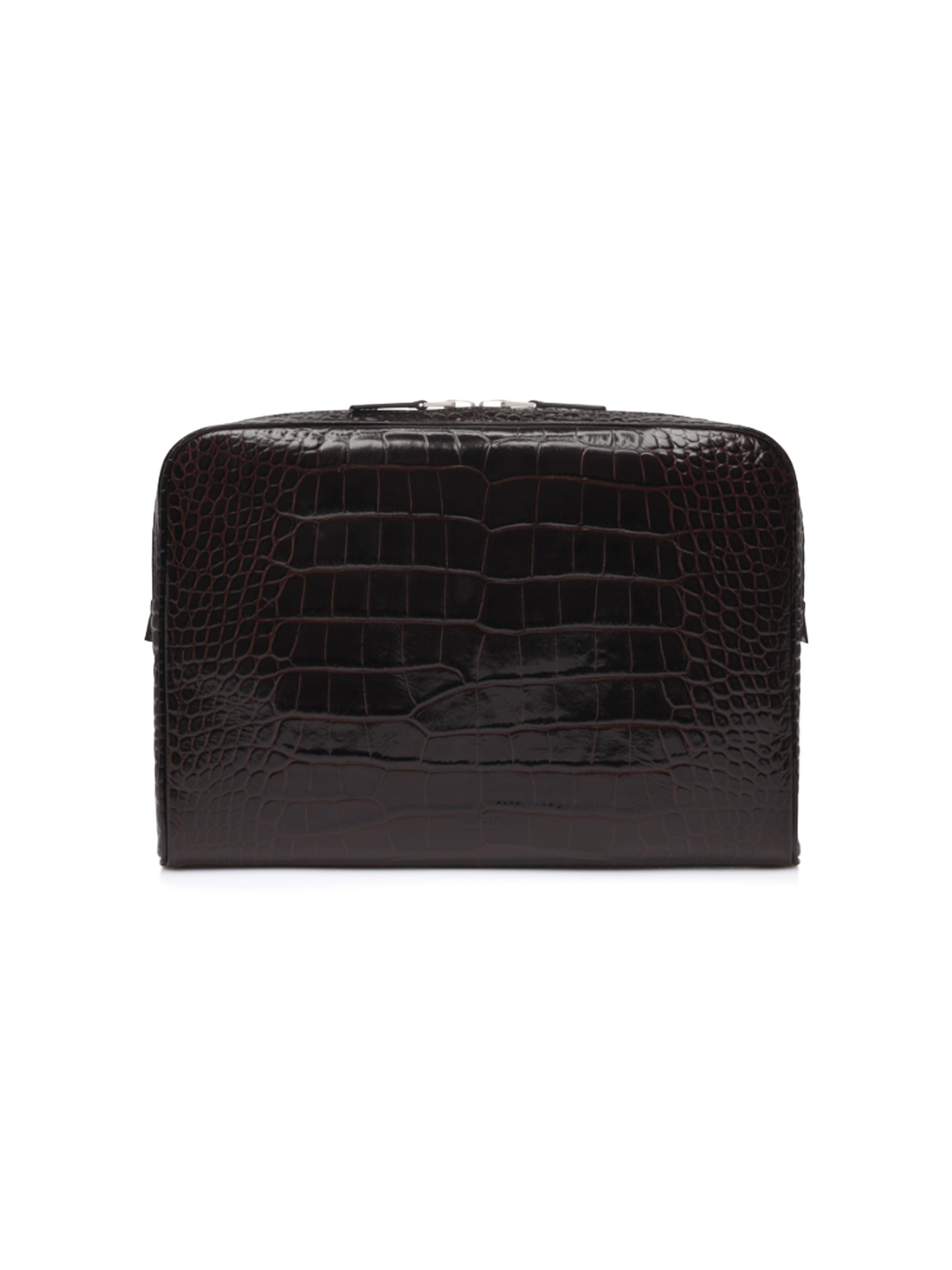 TOM FORD Men's Minimal Line Shiny Croc-Embossed Leather Laptop Pouch - Dark Brown