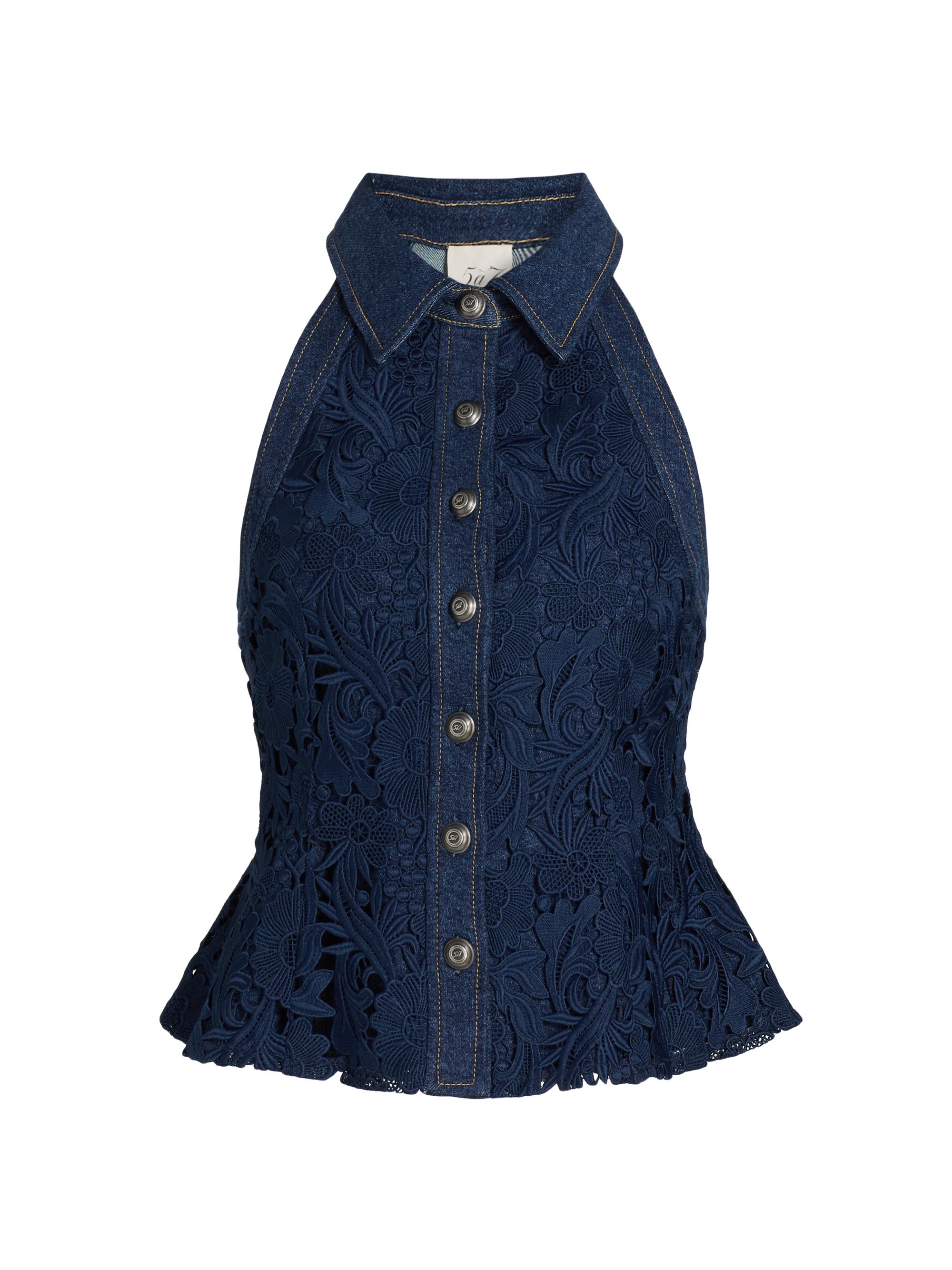 Cinq à Sept Women's Ronin Denim Lace Peplum Blouse - Navy