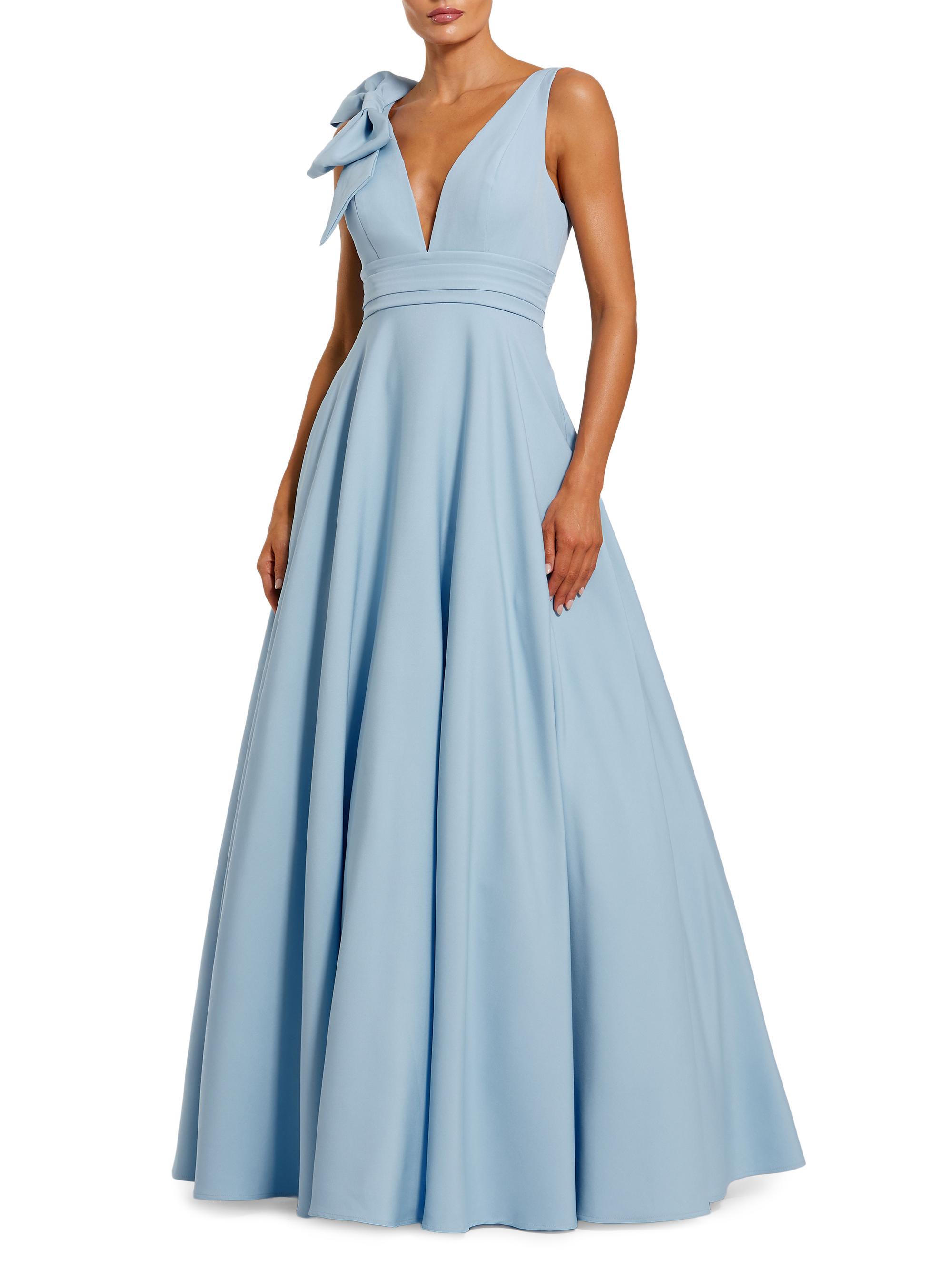 Mac Duggal Women's Petite Crepe Bow Plunge Ball Gown - Powder Blue Petite 12