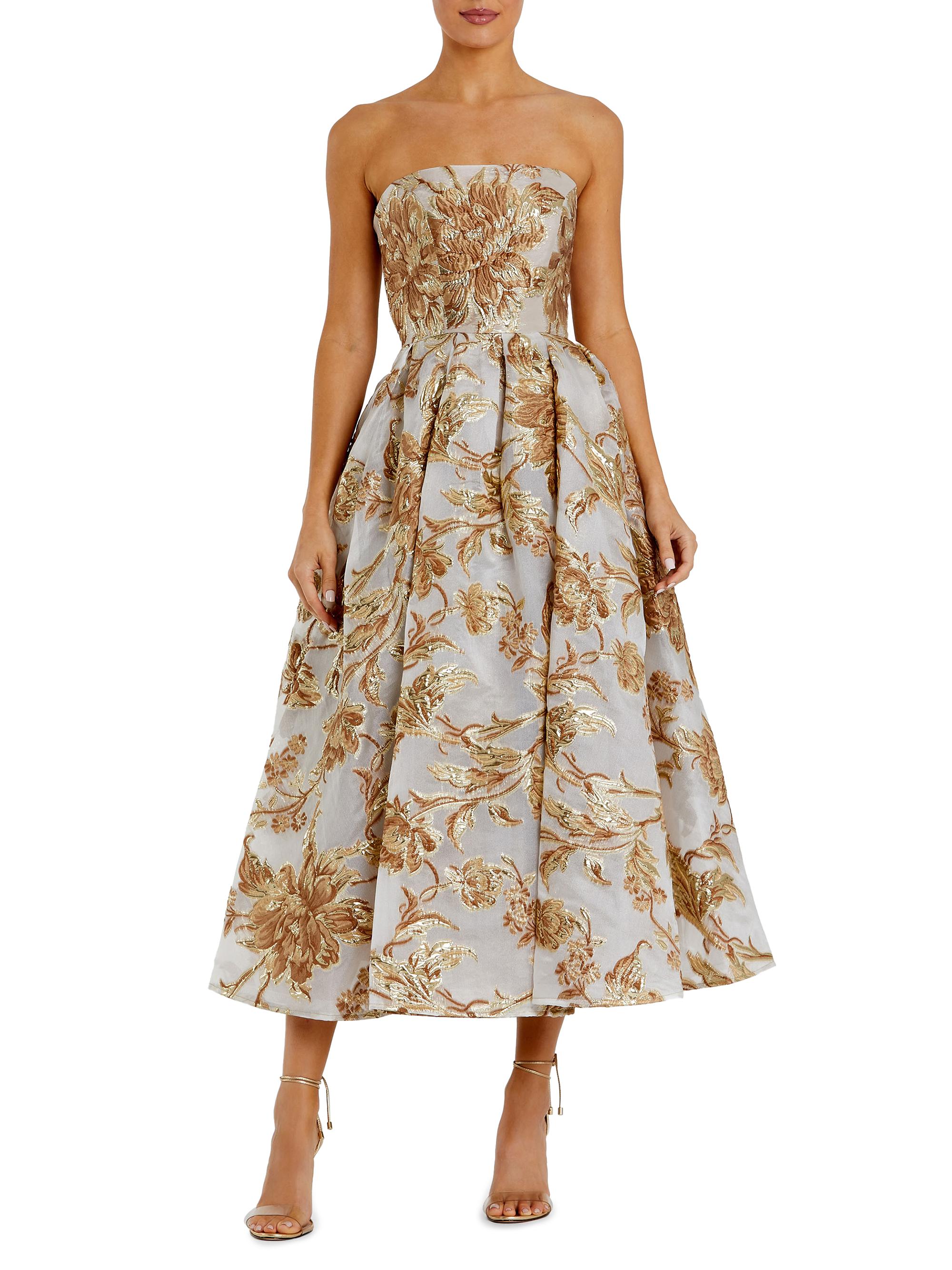 Mac Duggal Women's Petite Floral Brocade Fit & Flare Strapless Midi-Dress - Bronze Petite 14