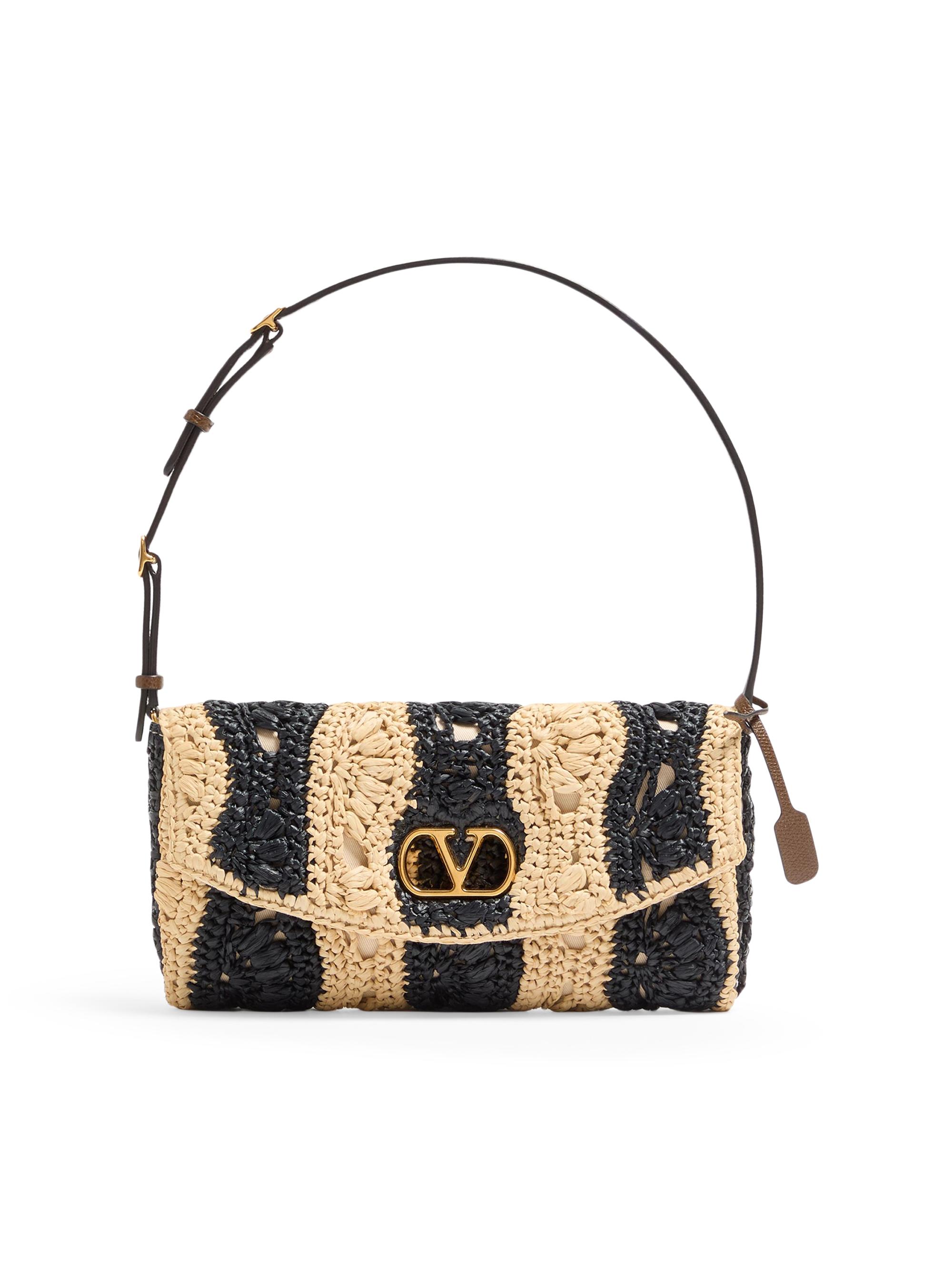 Valentino Garavani Women's DeVain  Shoulder Bag in Raffia with Wave Pattern - Natural Black