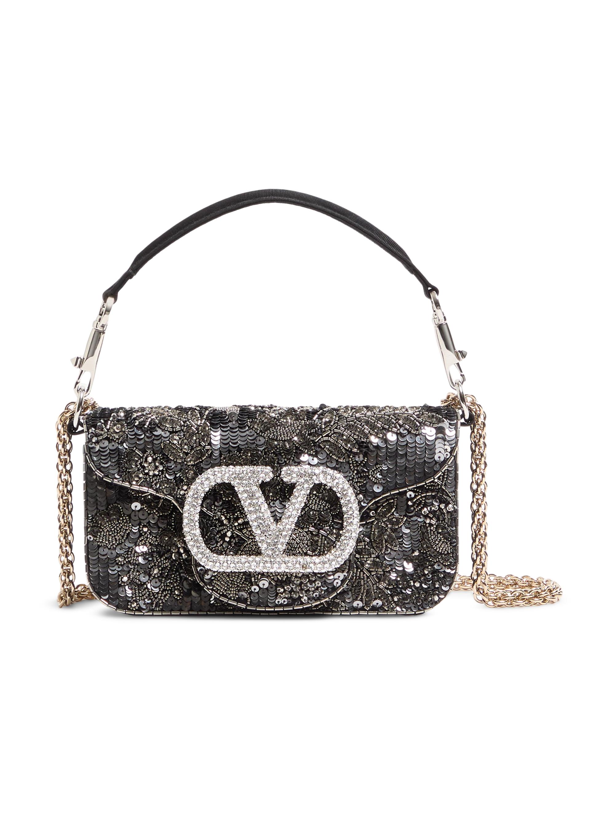 Valentino Garavani Women's Locò  Embroidered Top Handle Bag with Jewel Logo - Black Silver