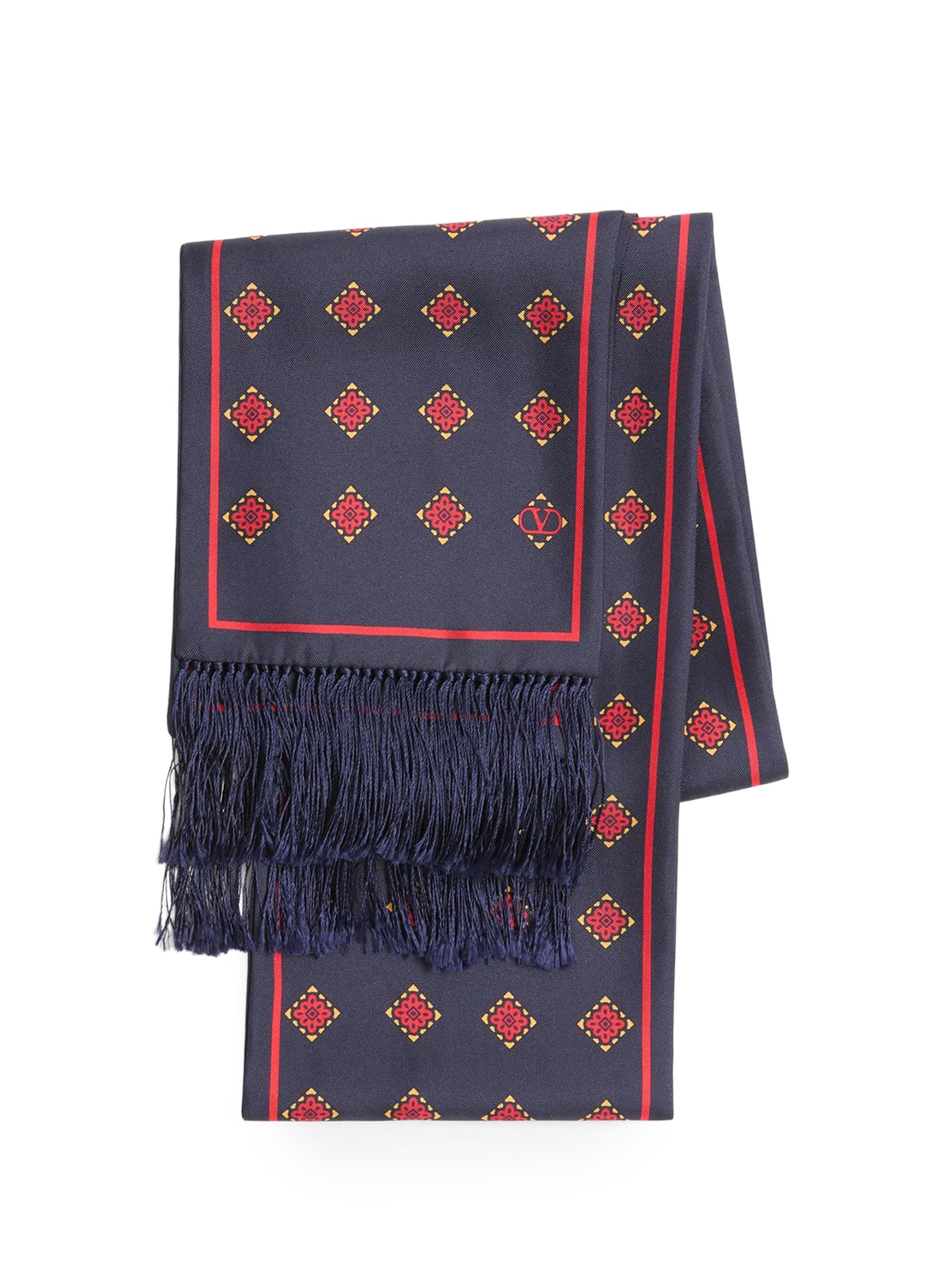 Valentino Garavani Men's Opticool Silk Bandeau Scarf with Fringe - Navy Red