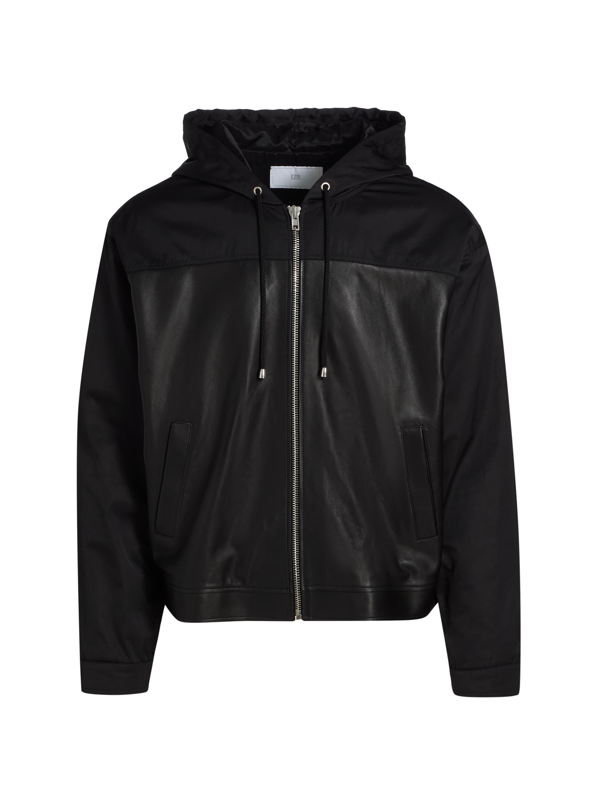 EZR Men's Mixed-Media Leather Zip-Front Hoodie - Black