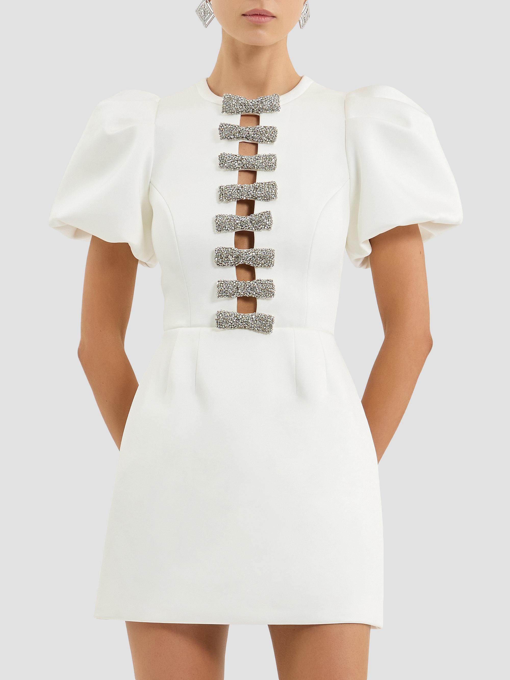 rebecca vallance white dress Layana Gown Size 10 The Esther Strap Mini Dress in ivory radiates glamour and charm Rebecca Vallance Blaise Puff Sleeve
