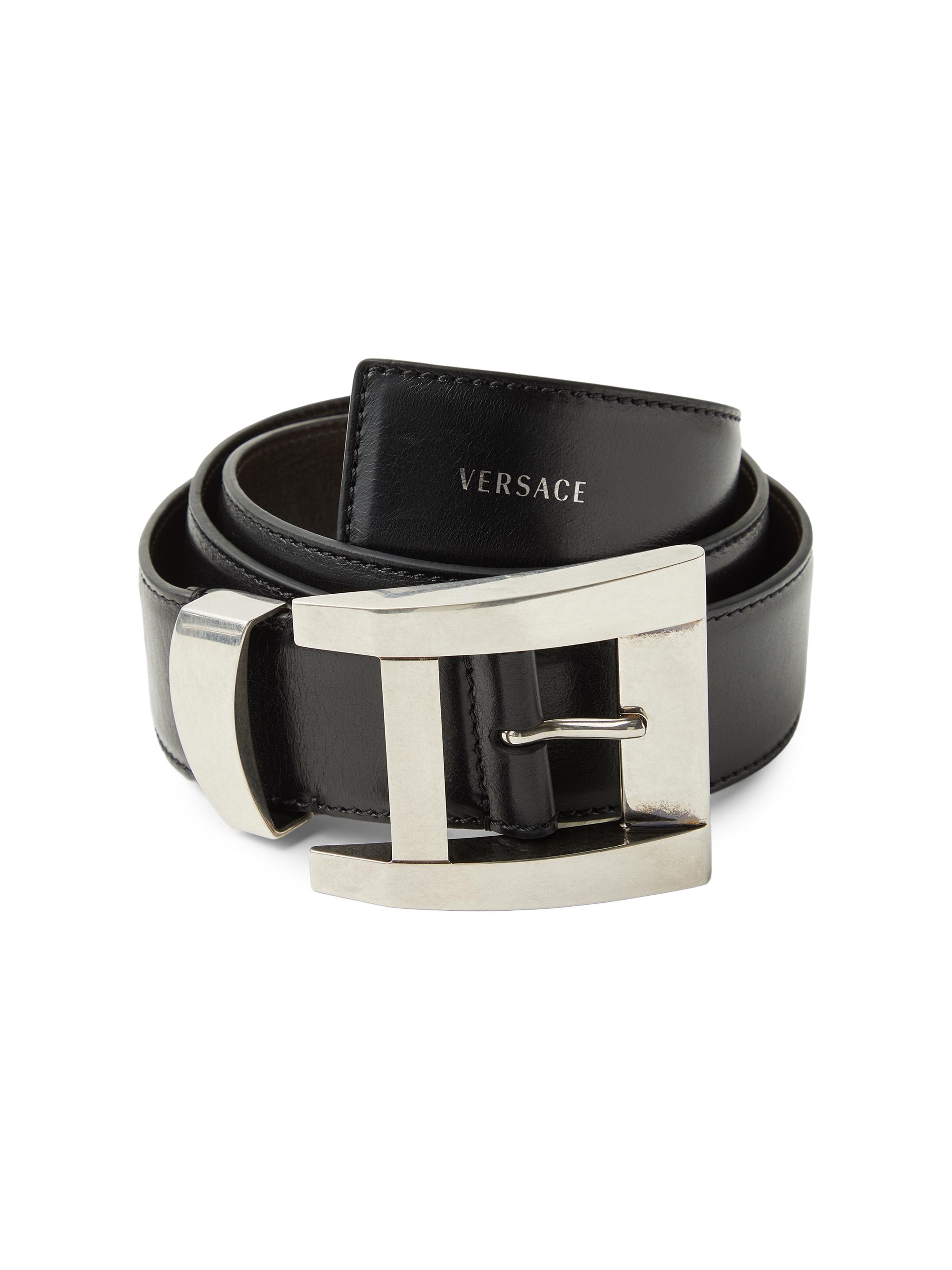 Versace Men's Geometric Buckle Leather Belt - Black Palladium