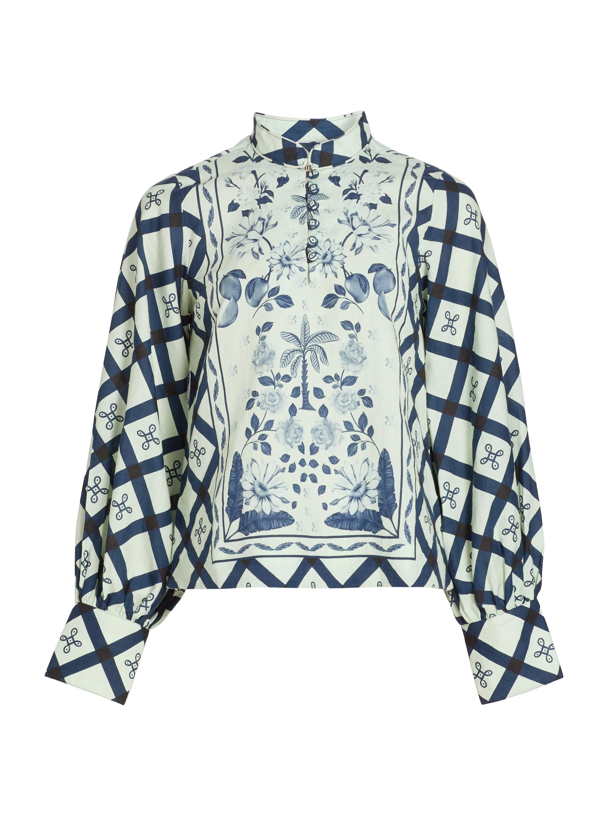 Verandah Women's Pushpanjali Printed Linen-Cotton Tunic Blouse -  Navy Mult Imotif Panel