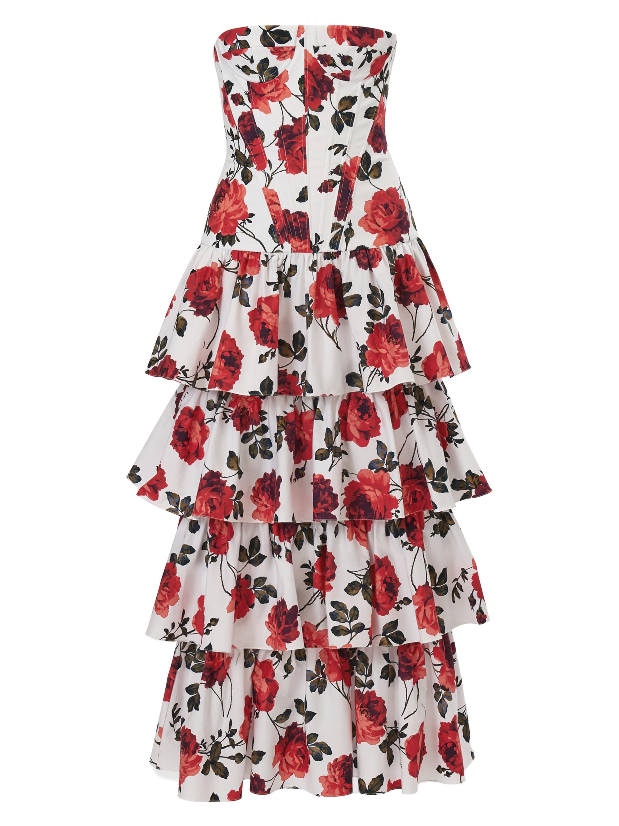 Carolina Herrera Women's Rose-Print Tiered Ruffled Cotton Gown - White Multi