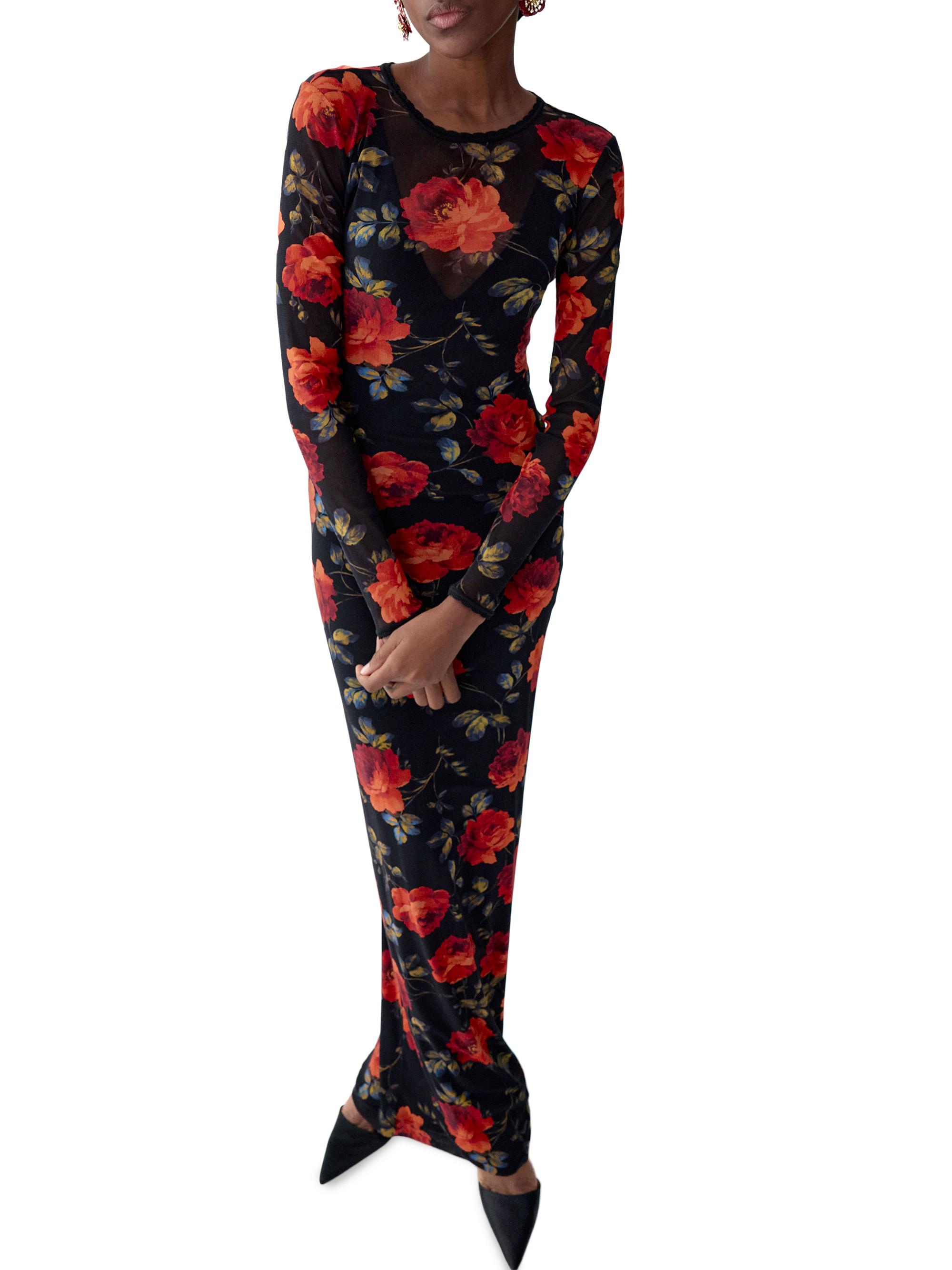 Carolina Herrera Rose-Print Mesh Maxi Dress | Saks Fifth Avenue