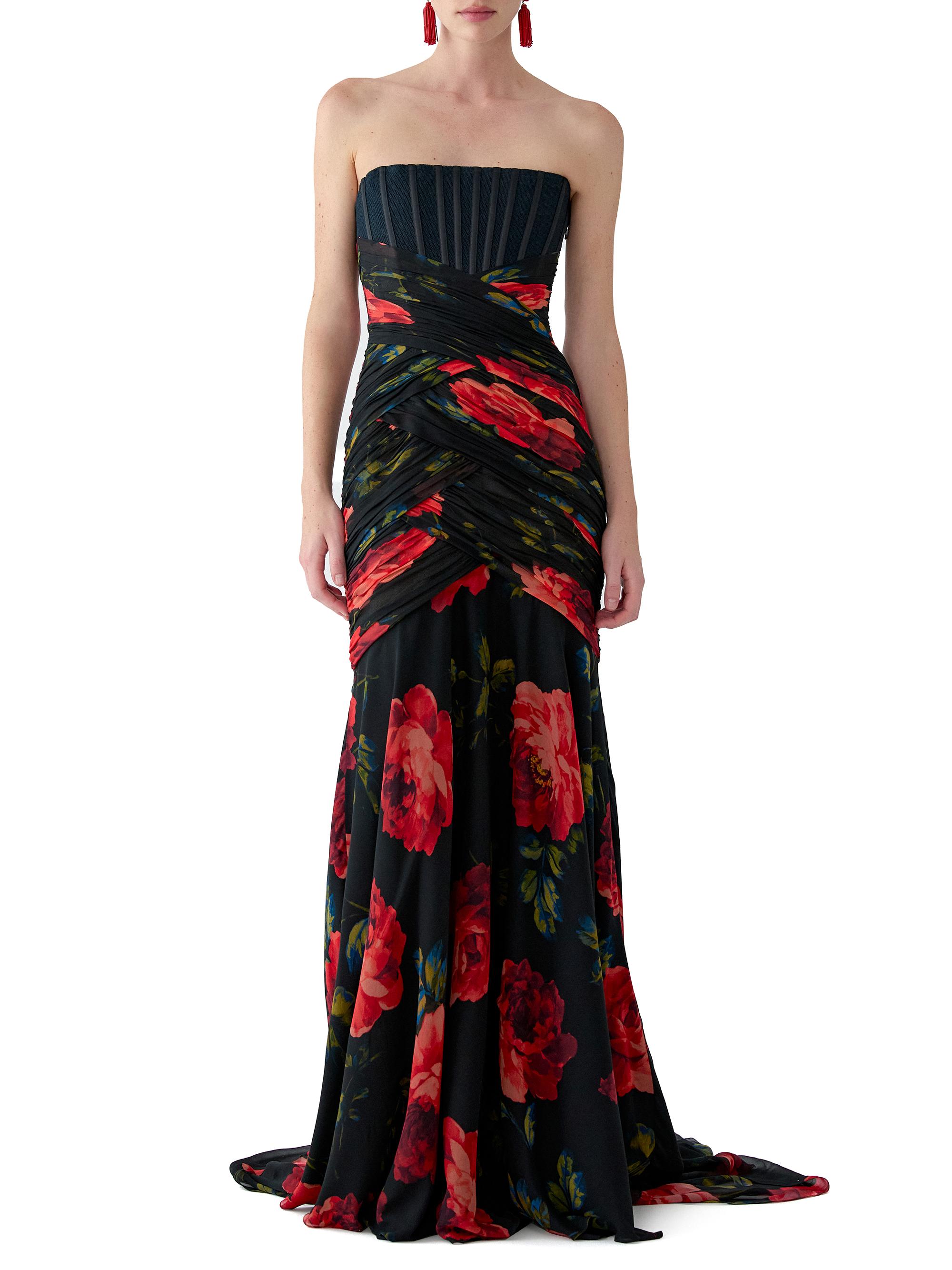 Carolina Herrera Rose-Print Exposed Bustier Gown | Saks Fifth Avenue