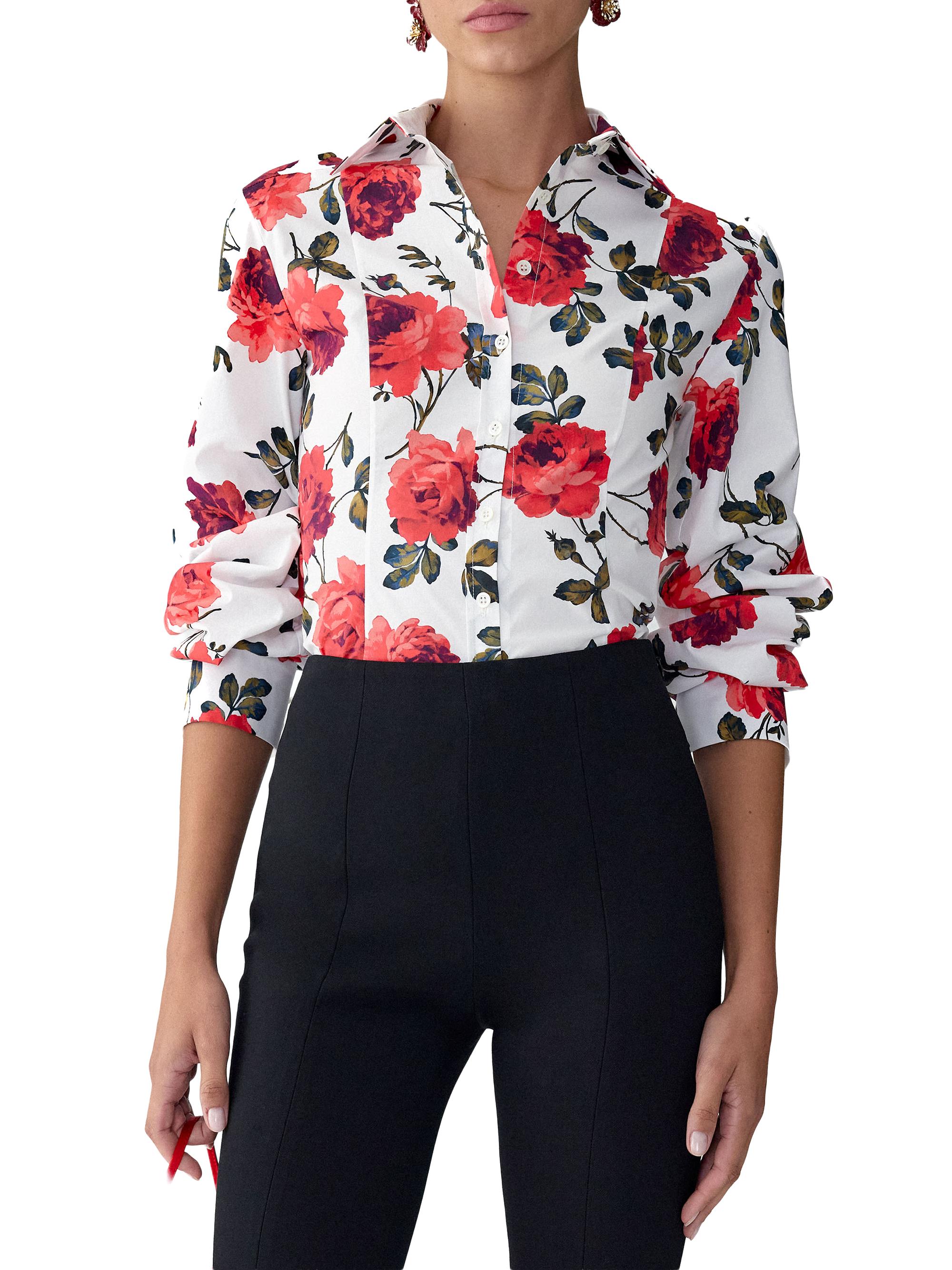 Carolina Herrera Women's Rose-Print Cotton Shirt - White Multi