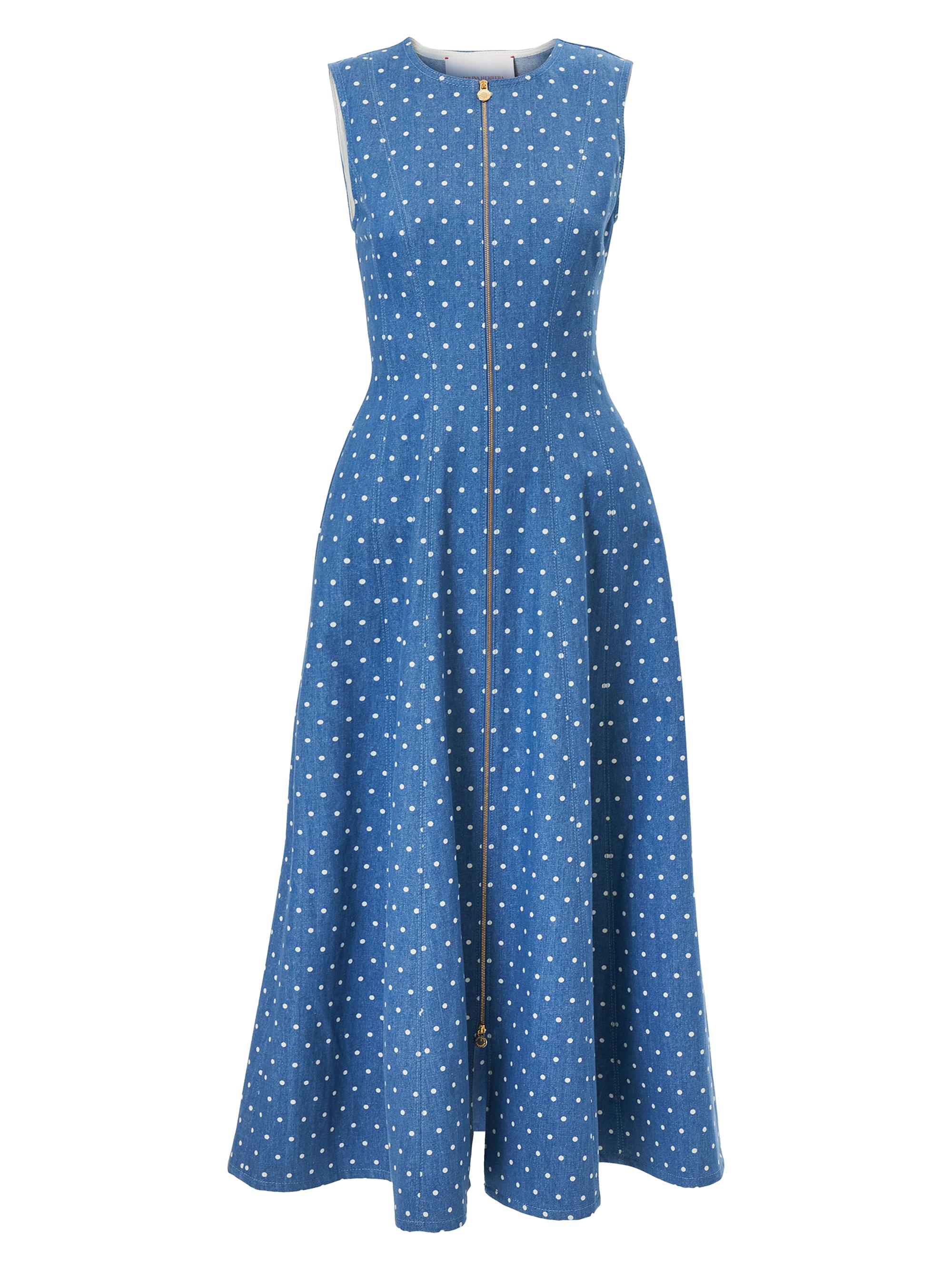 Carolina Herrera Women's Polka-Dot Denim Zip-Front Midi-Dress - Light Blue