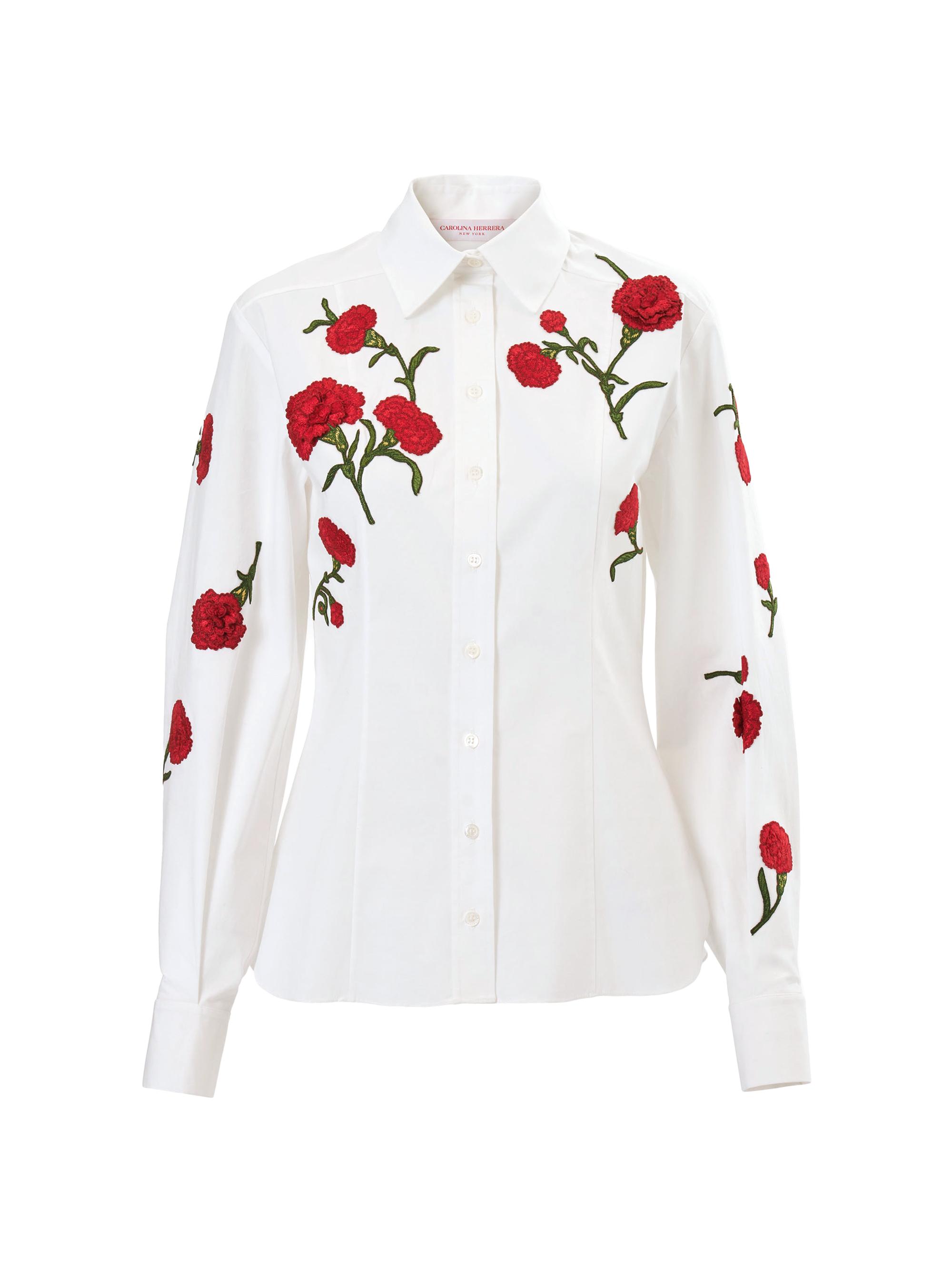 Carolina Herrera Women's Carnation-Embroidered Cotton Shirt - White Multi