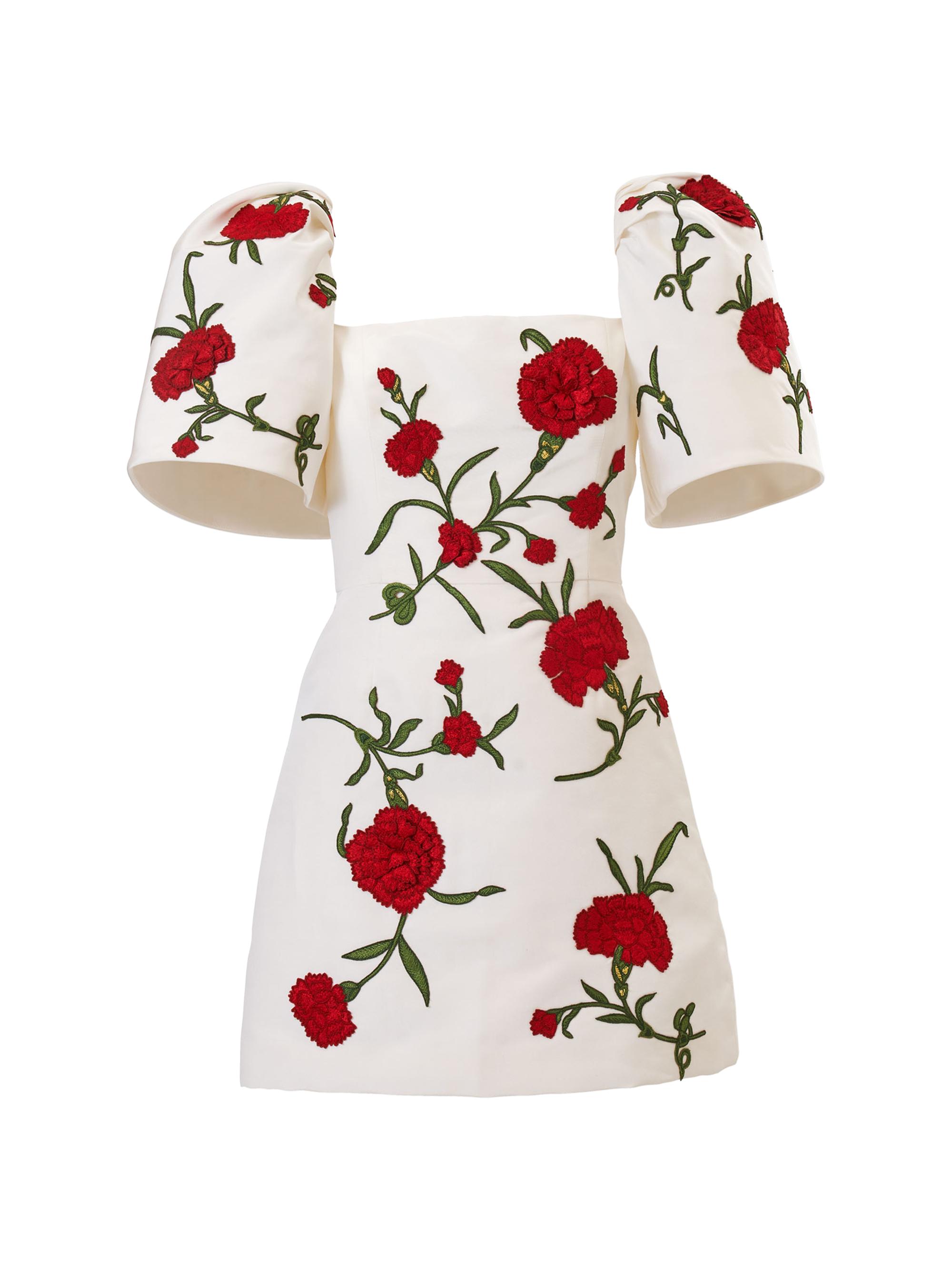 Carolina Herrera Women's Carnation-Embroidered Silk Puff-Sleeve Minidress -  Multi