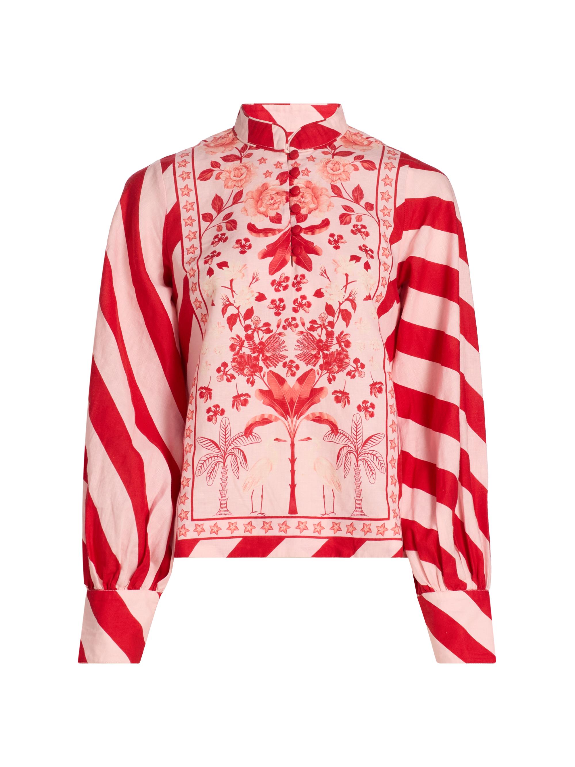 Verandah Women's Pushpanjali Printed Linen-Cotton Tunic Blouse - Blush And Red Palm Mono Panel