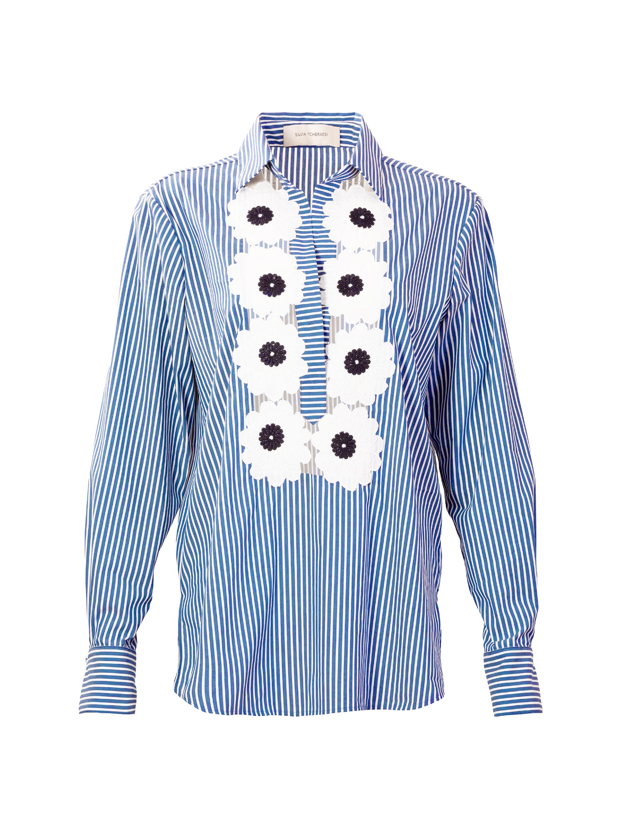 Silvia Tcherassi Women's Karole Cotton Floral Striped Blouse - Blue Stripes
