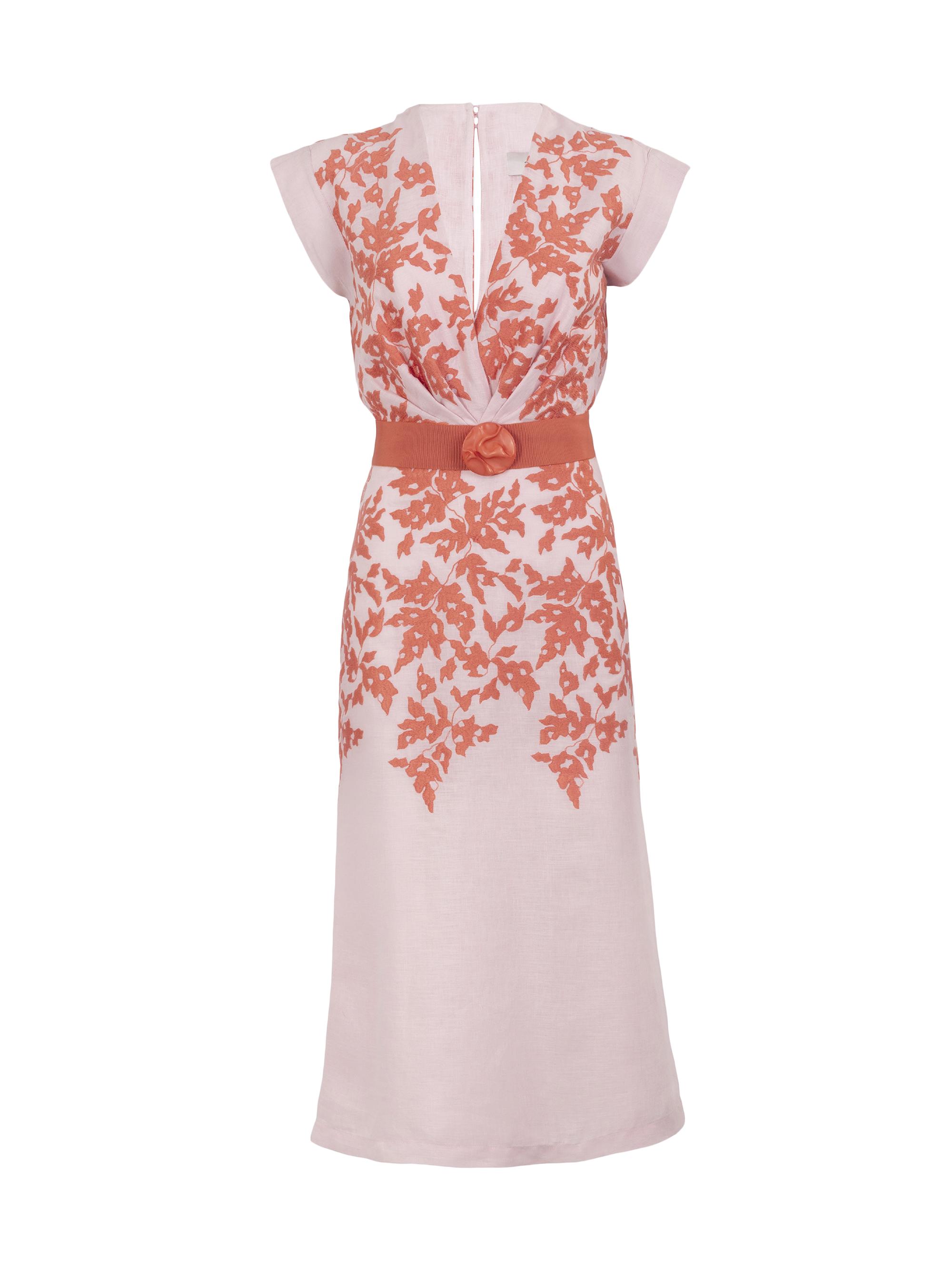 Silvia Tcherassi Women's Olive Embroidered Linen-Blend Midi-Dress - Pink Orange Embroidery