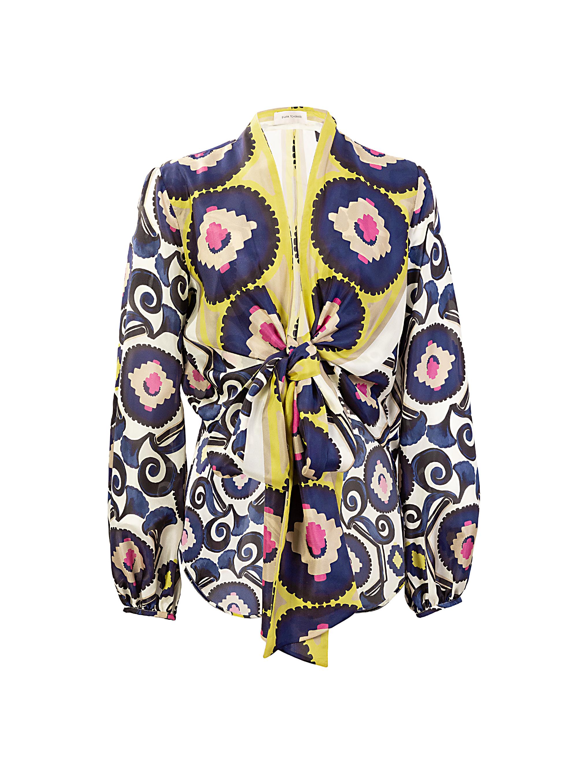 Silvia Tcherassi Women's Honey Silk Mosaic Tie Blouse - Yellow Mosaic