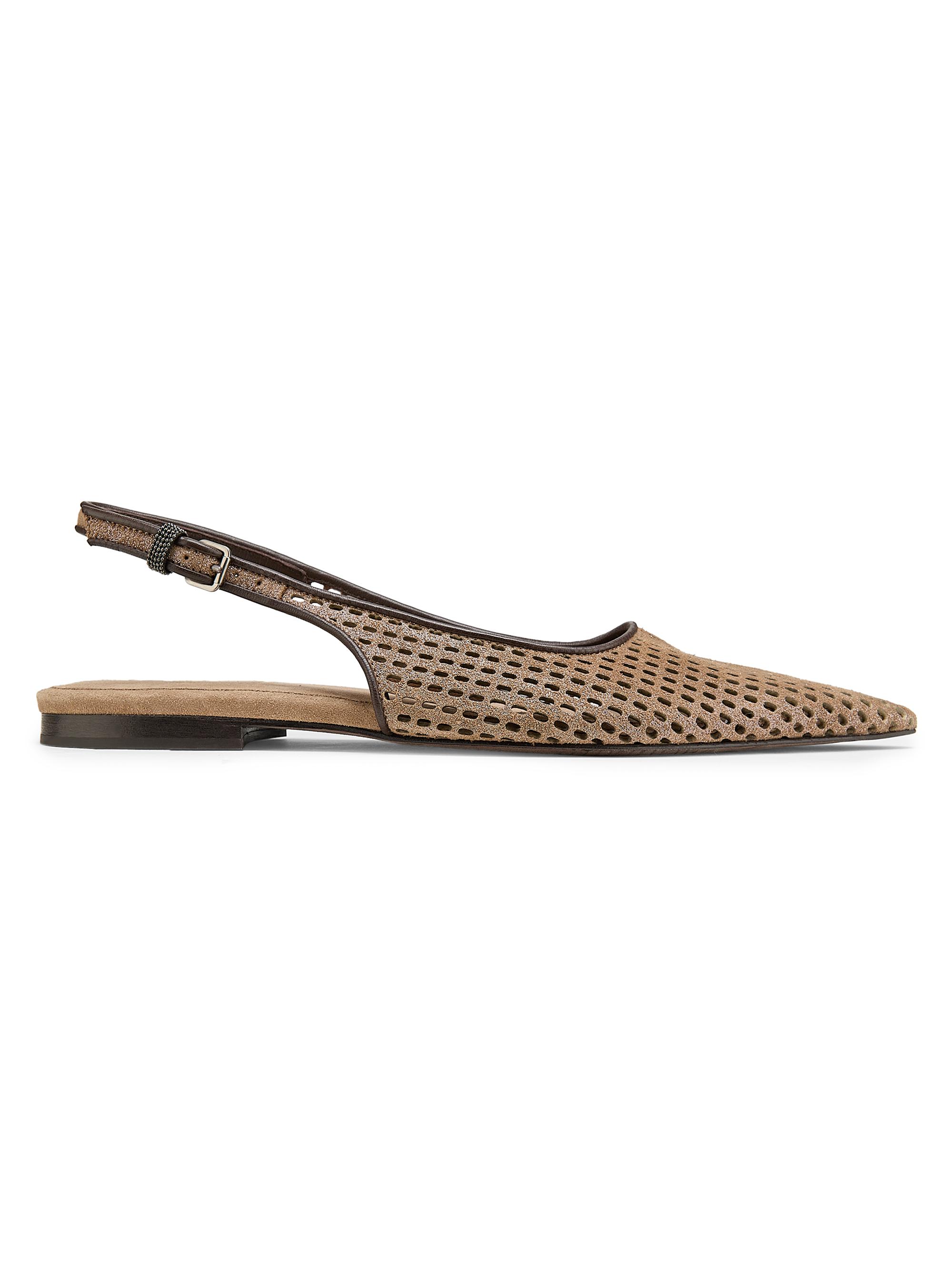 Brunello Cucinelli Women's Perforated Laminated Suede Slingback Flats - Chestnut