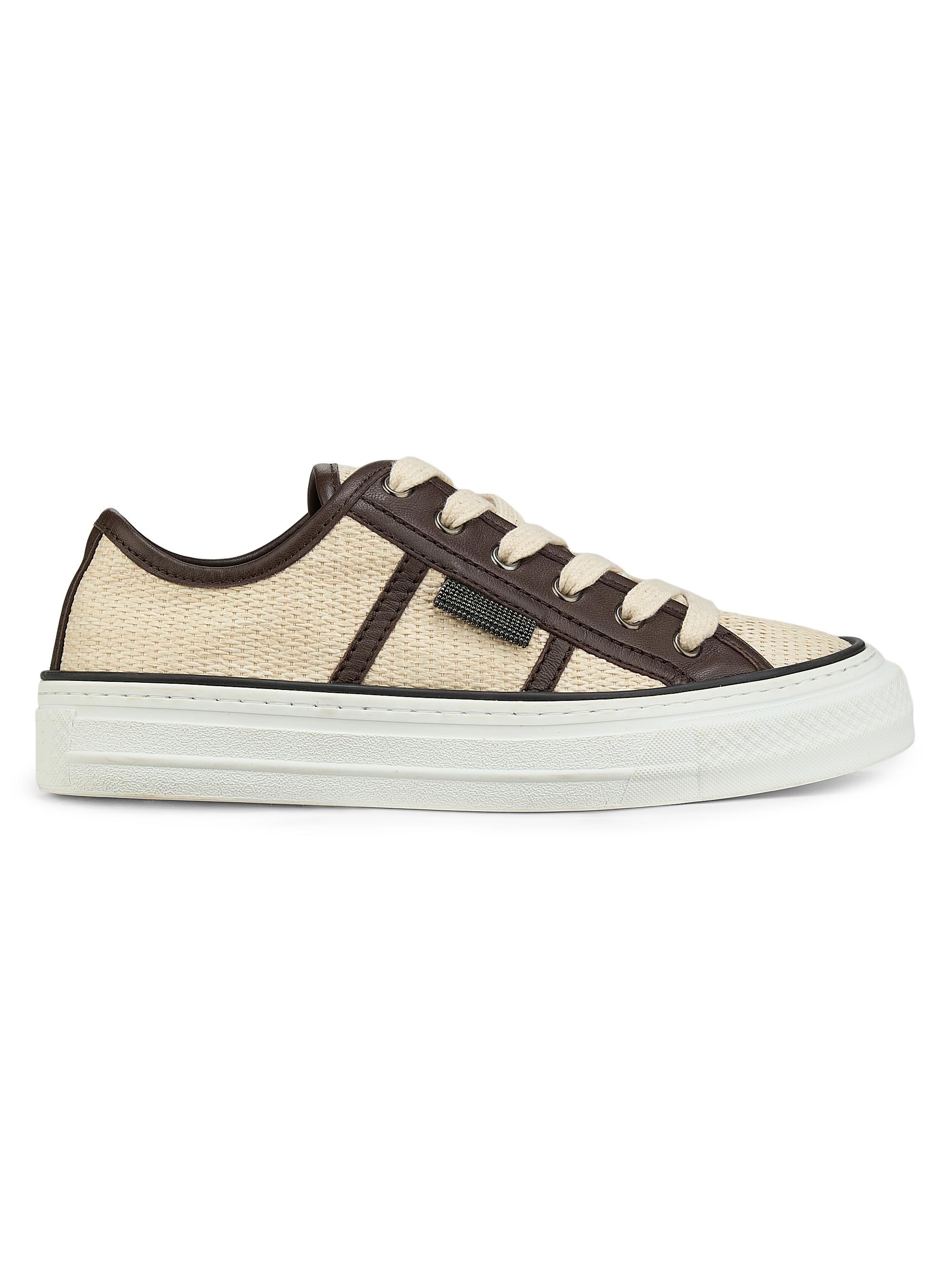 Brunello Cucinelli Women's Micro Leather-Trim Raffia Low-Top Sneakers - Rope