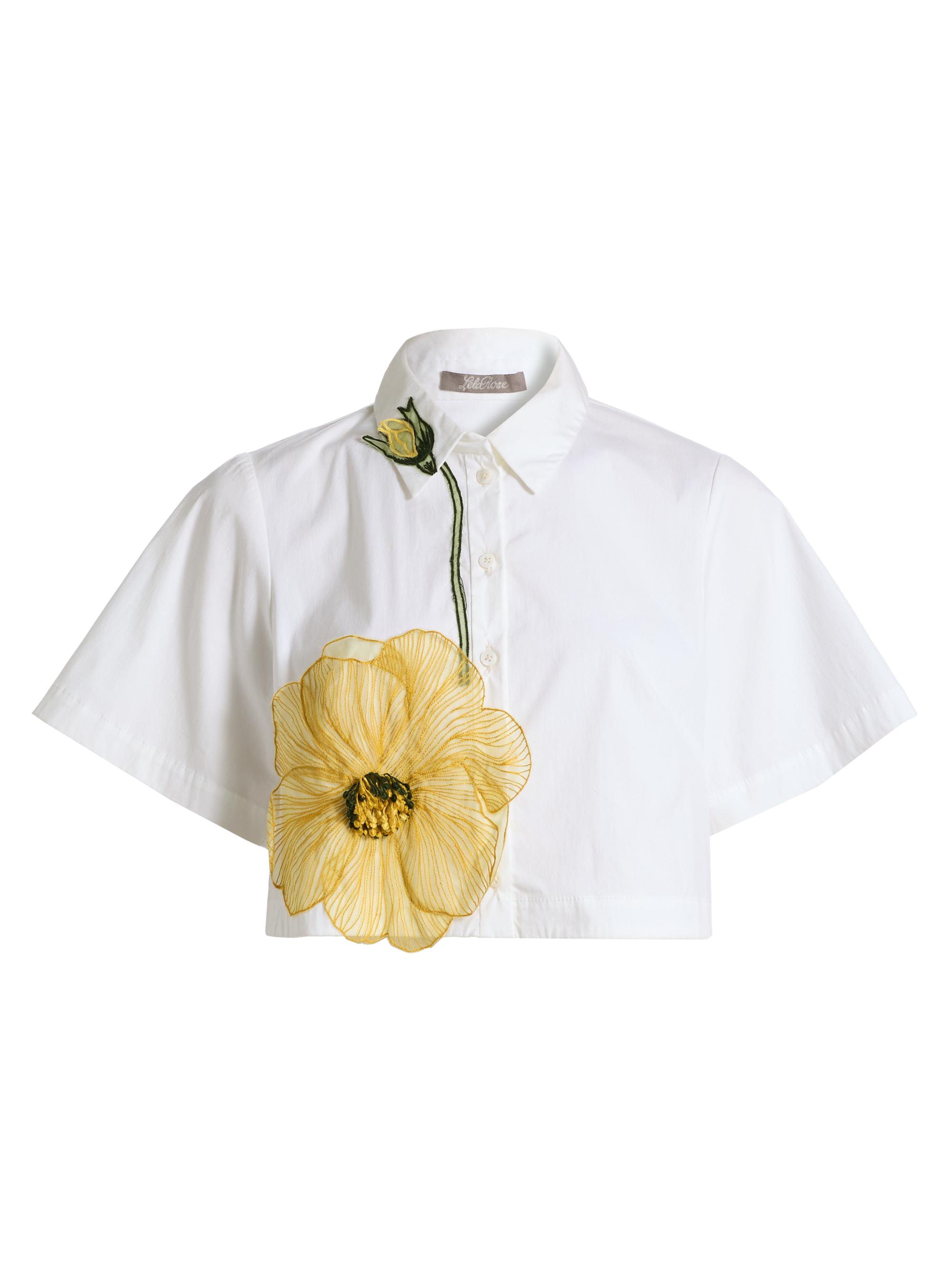 Lela Rose Women's Peony Embroidered Poplin Crop Shirt - White Yellow