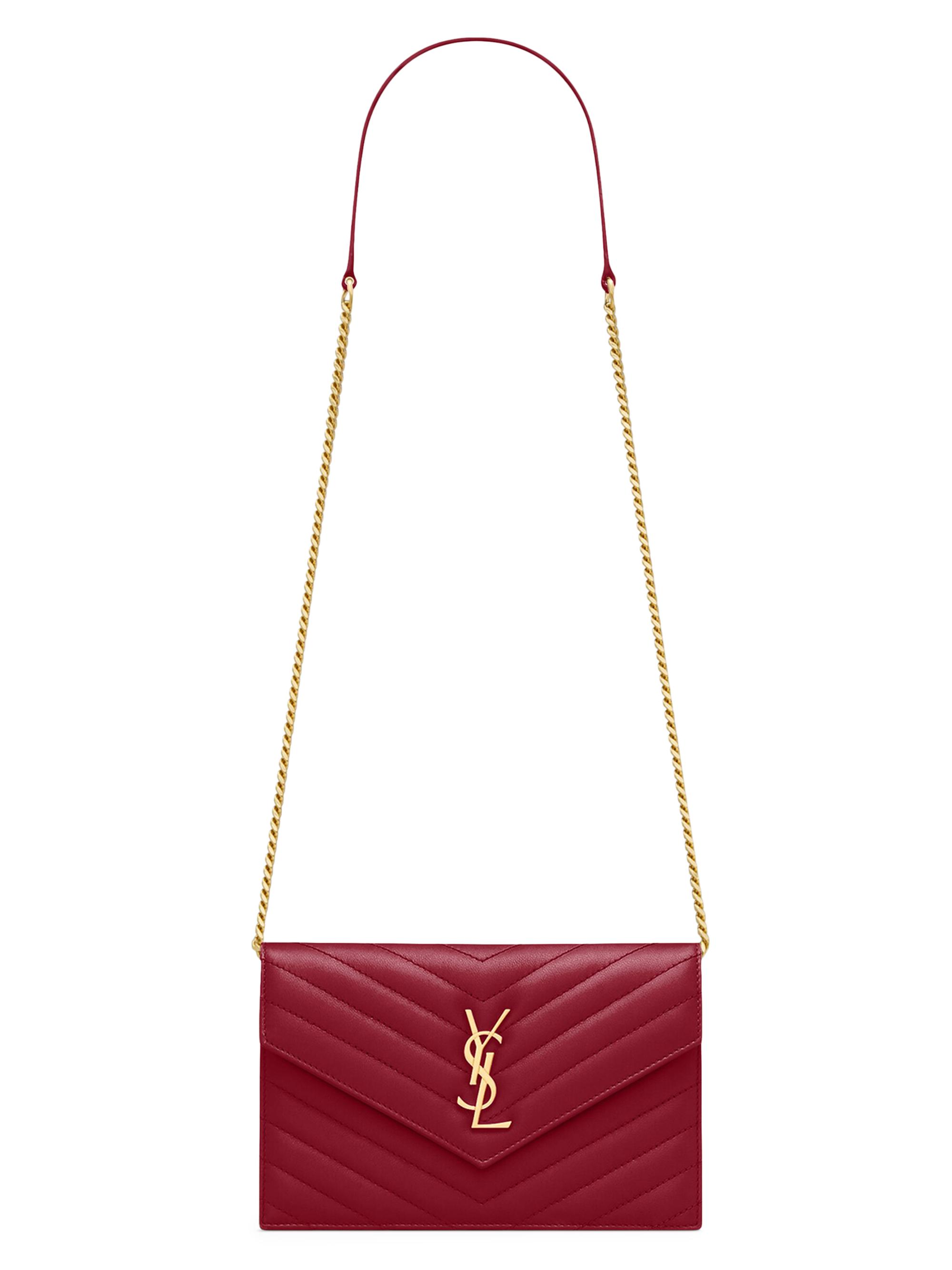 Saint Laurent Women's Cassandre Envelope Chain Wallet in Lambskin Leather - Deeply Red