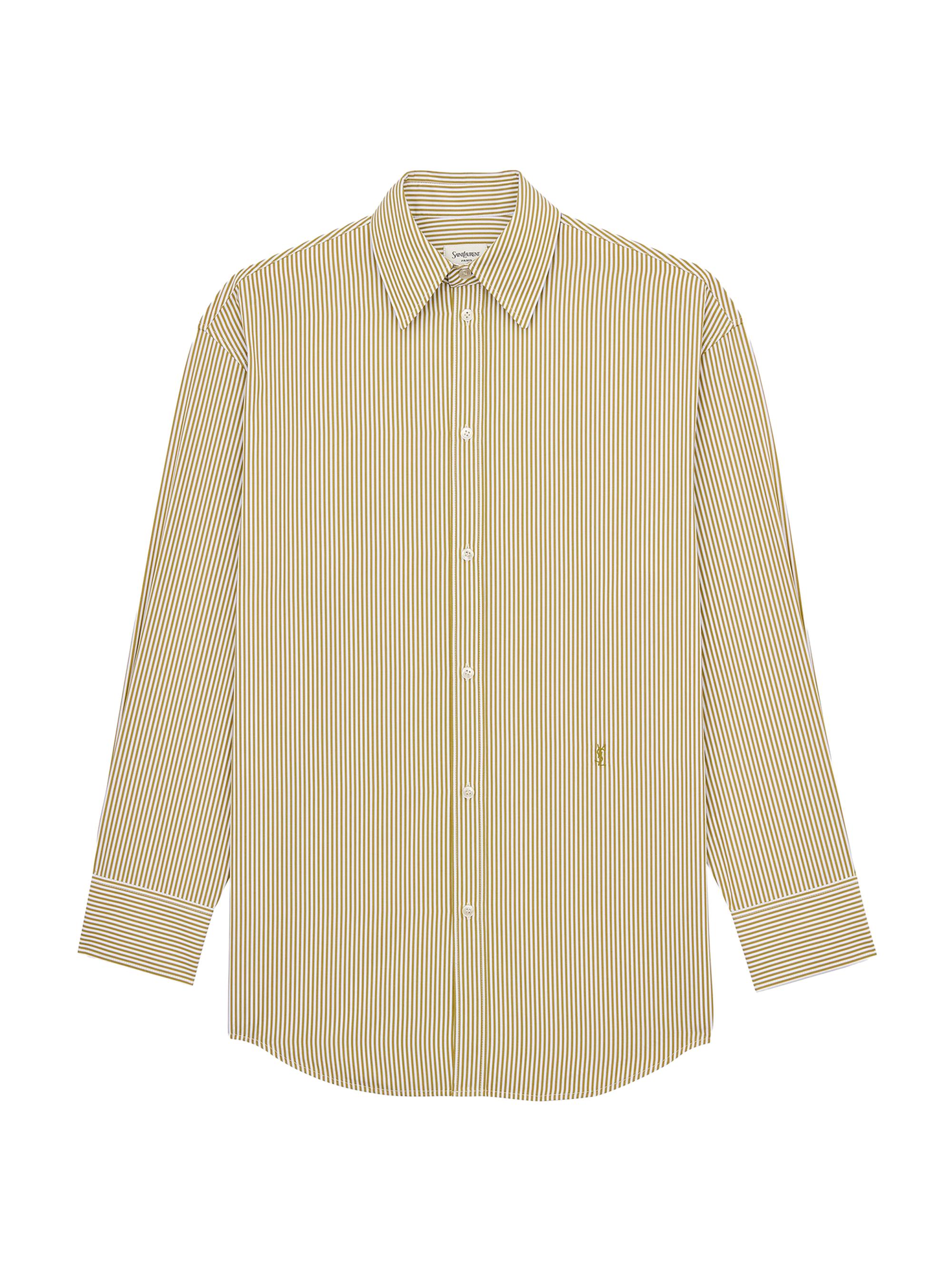 Saint Laurent Women's Cassandre Shirt in Striped Cotton Poplin - Khaki