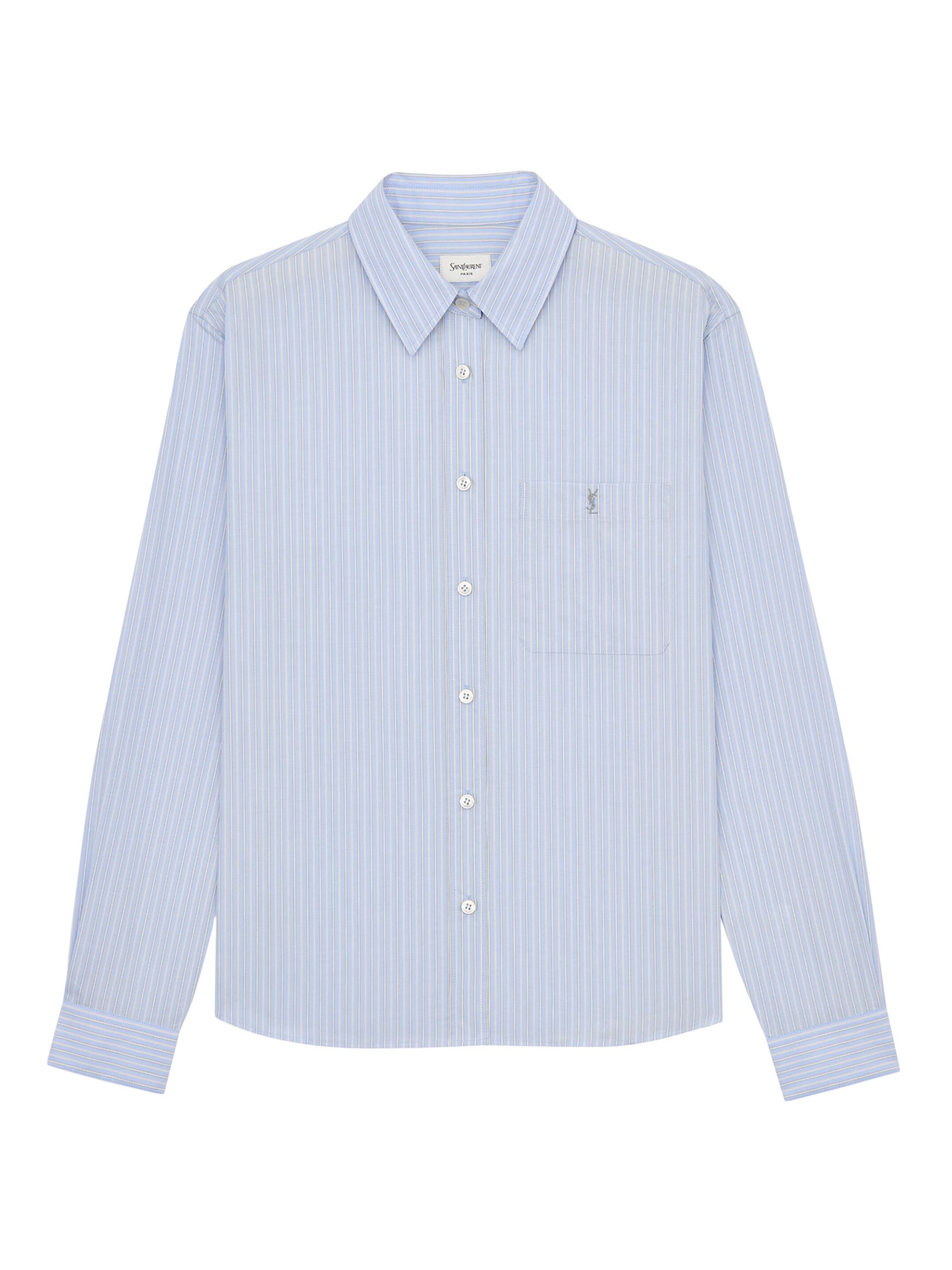 Saint Laurent Women's Cassandre Shirt in Striped Cotton Poplin - Bleu Gris