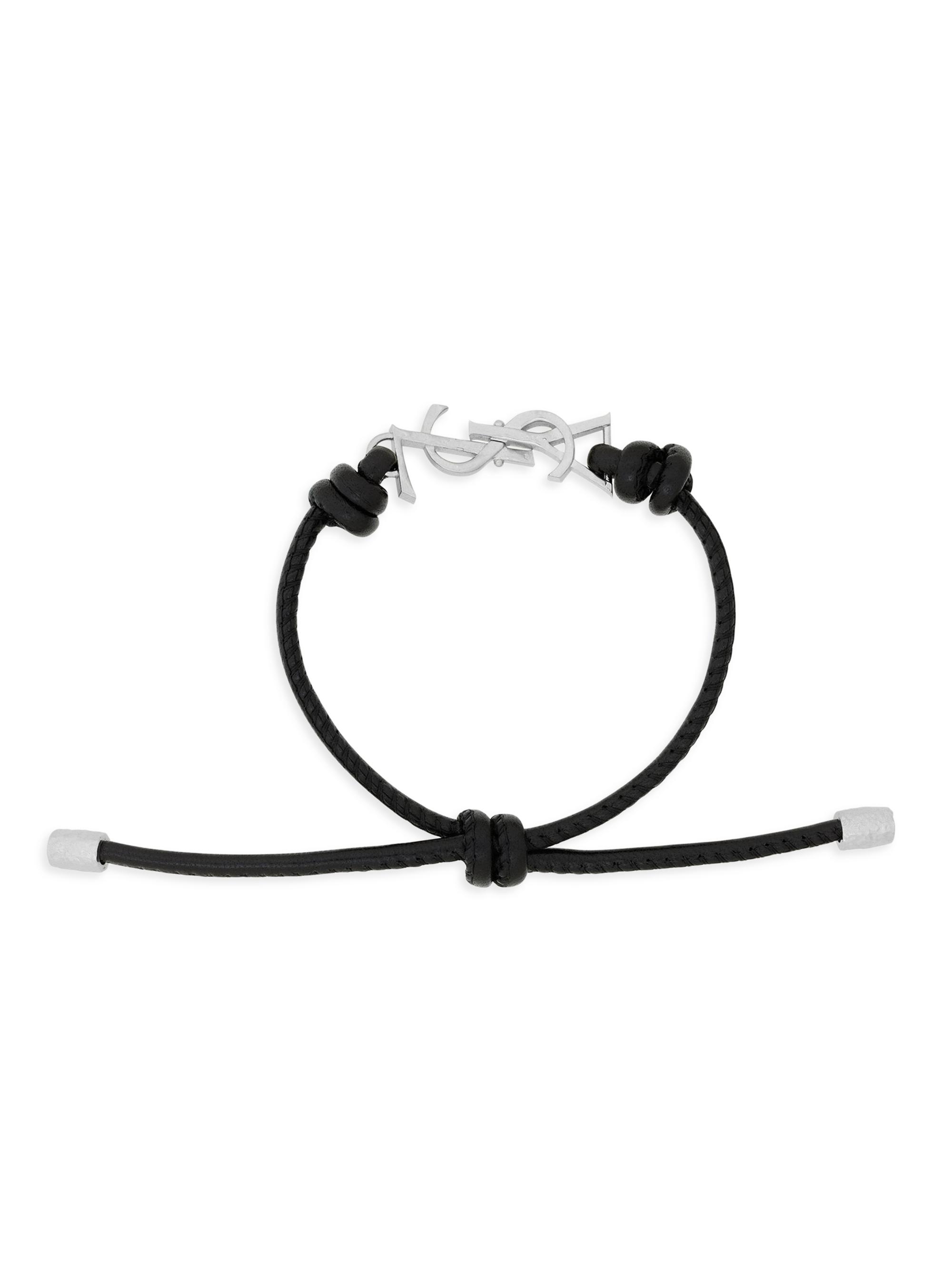 Saint Laurent Men's Cassandre Cord Bracelet in Leather - Black And Oxidized Nickel